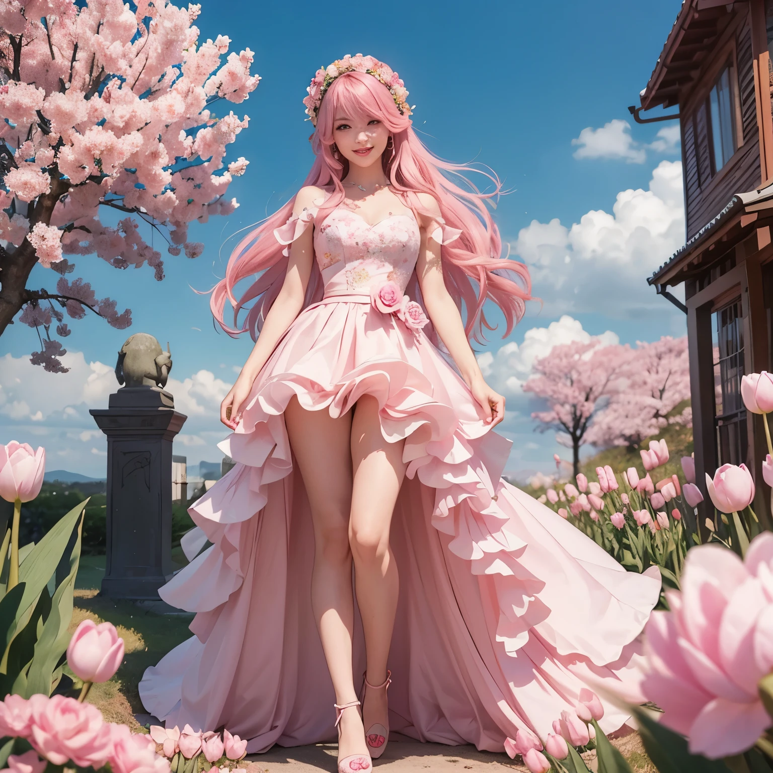 ​masterpiece、top-quality、ultra-detailliert、(Photorealsitic)pink hair swaying in the wind,pink paper flower long party dress,detail portrayal,pink tulip wreath,Simple pink background,a smile,Full-body standing figure,Lucky day,Vibrant colors,dim lighting