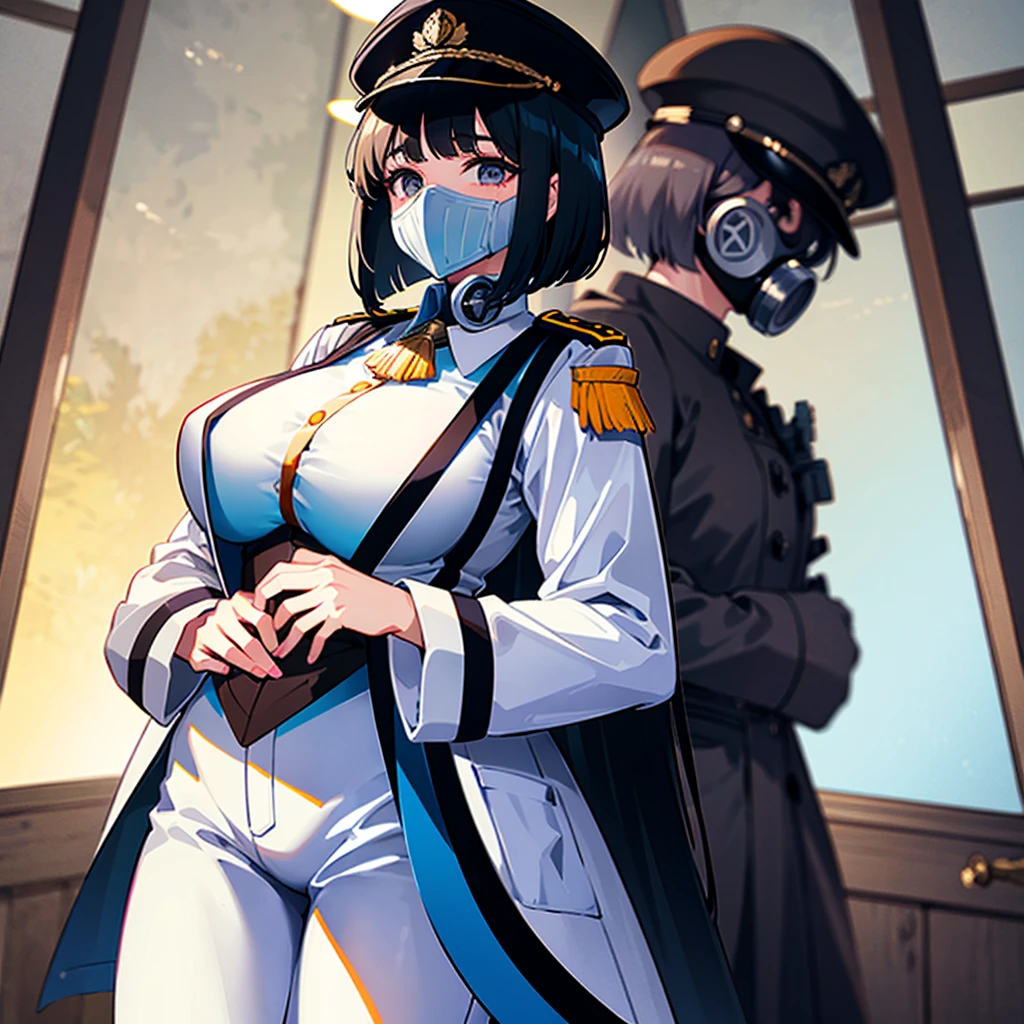 （（（​masterpiece）））、（（（Top image quality）））、（（（top-quality）））、（Illustration of one woman）、30-years old、（Viceroy）、Black hair bob cut、（（Face covering gas mask））、Gray eyes、Sanpaku eyes、（（Tall））、（（huge tit））、（（Military uniformilitary Cap））、（（Military coat））、（white  clothes）、（White pants）、（White cap）、trench coat、（（Inside the spaceship））