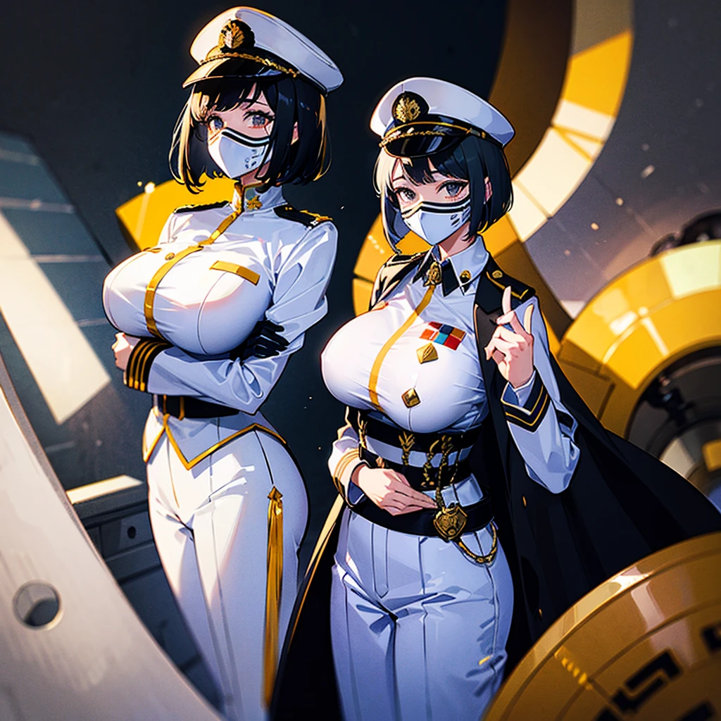（（（​masterpiece）））、（（（Top image quality）））、（（（top-quality）））、（Illustration of one woman）、30-years old、（Viceroy）、Black hair bob cut、（（Face covering gas mask））、Gray eyes、Sanpaku eyes、（（Tall））、（（huge tit））、（（Military uniforms））、（（Military Cap））、（（Military coat））、（white  clothes）、（White pants）、（White cap）、trench coat、（（Inside the spaceship））