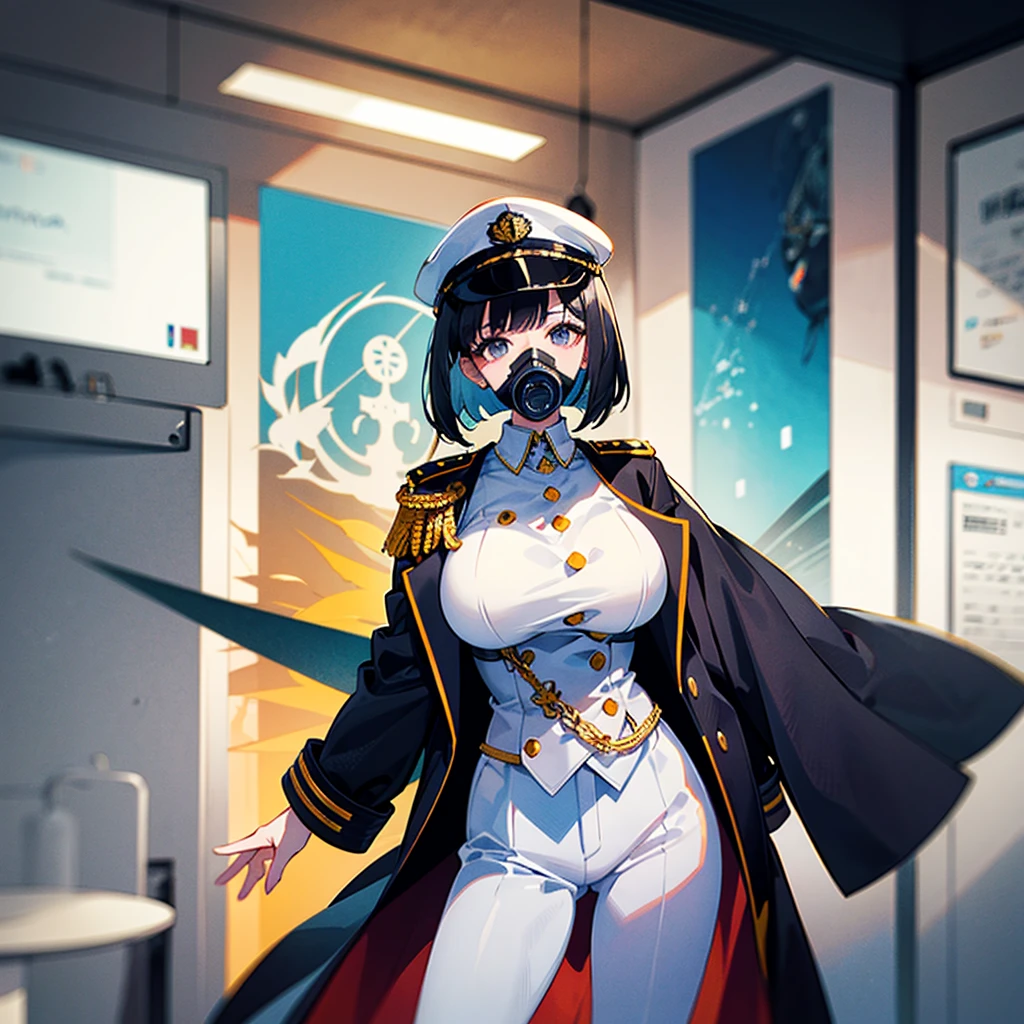 (((masterpiece)))、(((Top image quality)))、(((top-quality)))、(Illustration of one woman)、30-years old、(Viceroy)、Black hair bob cut、((Face covering gas mask))、Gray eyes、((Tall))、((huge tit))、((Military uniforms))、((Military Cap))、((Military coat))、(white clothes)、(White pants)、(White cap)、trench coat、((Inside the spaceship))