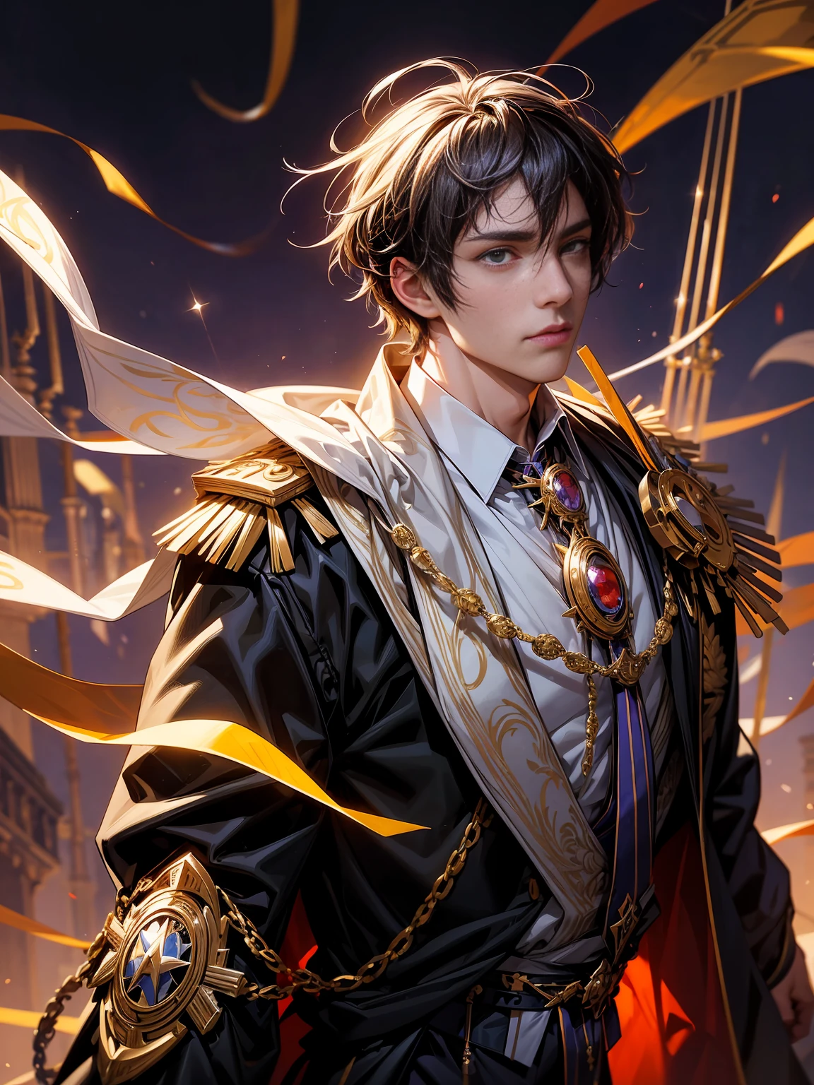 anime.Constantine the Great, Roman Emperor Constantine the Great resurrected in modern times。34 years old。one adult male。Long body。broad shoulder。thick neck。eyes like a lion。Bright and sharp eyes。Looking here。Sincere and kind。Kind and reliable。Deal with it sternly if necessary.。talented and hardworking businessman。successful gentleman。careerist。he is wearing a high quality white suit。dark purple tie。Light purple shirt。forceful。An overwhelming sense of control。romance novel hero。Bold composition。look up to。lyrical。Dramatic。heartful。Romantic。opulent。elegan。elegance。Venice background in the sunset。masterpiece。top-quality。Super beautiful。The ultra -The high-definition。detaileds。exquisite。