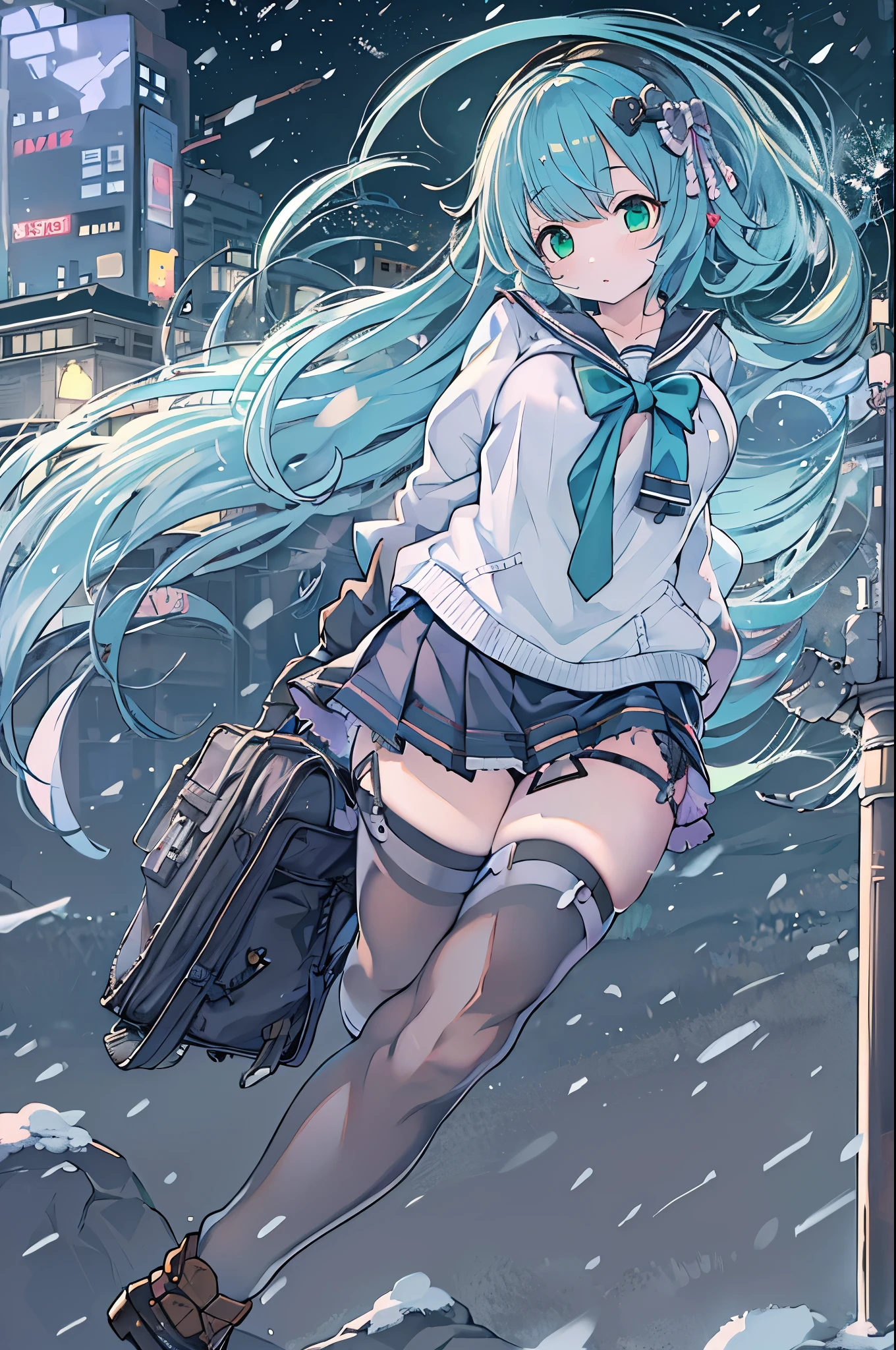 Best Quality,超A high resolution,1girl in,Solo,Full body,Snow,city,, Blue hair,Green eyes,nffsw,School uniform,bbw、Night