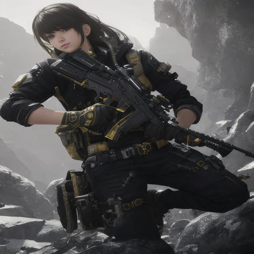 An Arafe female soldier is standing on top of a rocky mountain with a gun and a rifle., Mechanized soldier girl, M4 Sopmod II Girls Frontline, infantry girl, Beautiful Female Soldier, octane cgsociety, fanart best artstation, cg artist, amazing 8k character concept art, high quality digital concept art, of a sniper girl in war, gilded black uniform