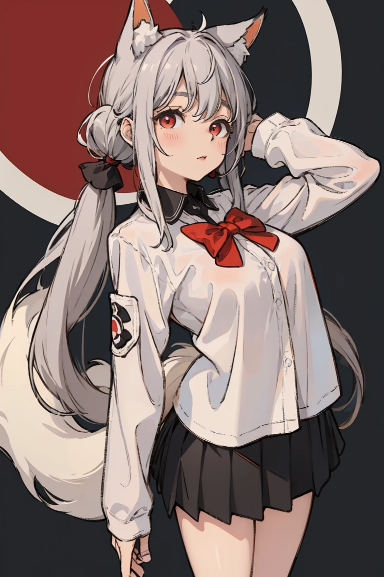 best quality, masterpiece, cutepainting, ,grey hair, long hair, twintails, bangs, hair between eyes, animal ears, fox ears, animal ear fluff, red eyes, tail, fox tail, virtual youtuber,grey hair, long hair, twintails, bangs, hair between eyes, animal ears, fox ears, animal ear fluff, red eyes, tail, fox tail, virtual youtuber, shirt, white shirt, long sleeves, sleeves past wrists, bow, hair bow, red bow, ribbon, skirt, pleated skirt, black skirt,milfication, mature female, gigantic breasts  full body