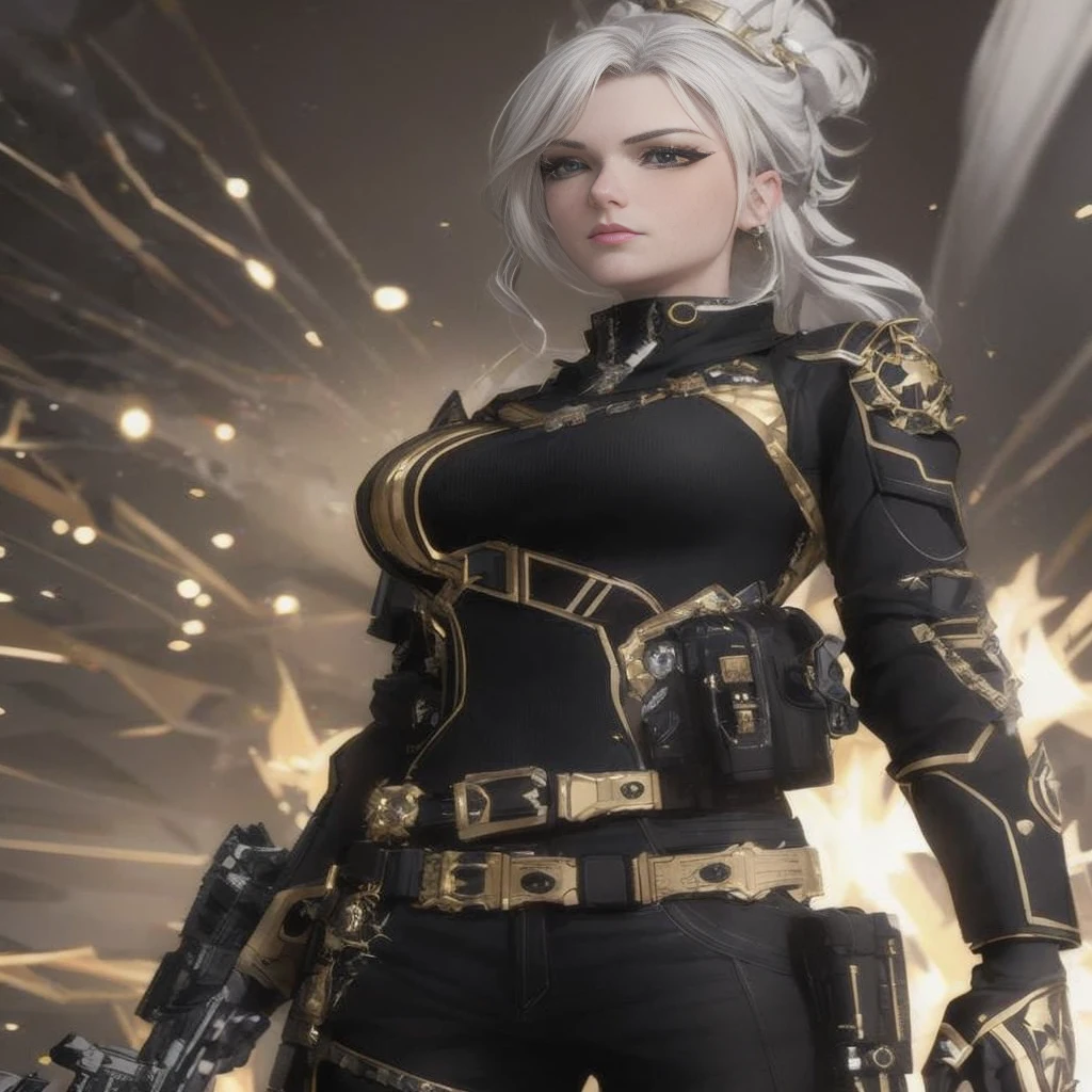 a close up of a woman with a gun and a gun, gilded black uniform, black and golden armor, black and gold armor, wearing techwear and armor, clothed in sci-fi military armor, silver and gold heavy armor, ArtGerm ; 3d unreal engine, armor girl, mechanized valkyrie girl, lineage 2 revolution style