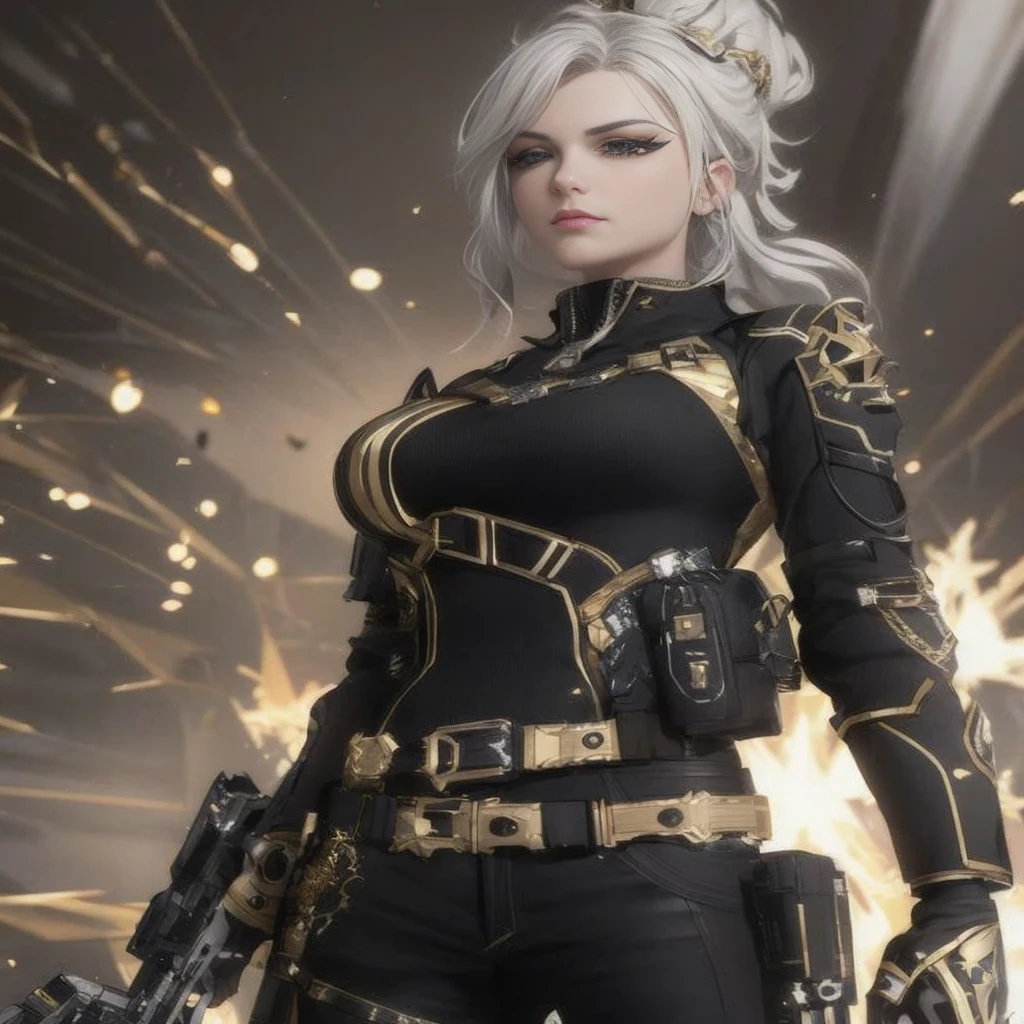 a close up of a woman with a gun and a gun, gilded black uniform, black and golden armor, black and gold armor, wearing techwear and armor, clothed in sci-fi military armor, silver and gold heavy armor, ArtGerm ; 3d unreal engine, armor girl, mechanized valkyrie girl, lineage 2 revolution style