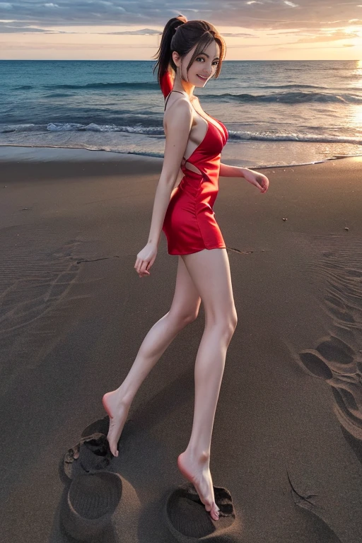 masutepiece, Best Quality, 23years old,Ultra-detailed, finely detail, hight resolution, 8K Wallpaper, Perfect dynamic composition, Natural Color Lip,(Wearing a red short dress:1.4),(Ponytail:1.3), breasts are large,(Yotsumba,barefoot on the sand:1.3),I want to convey the lonely atmosphere,(white silk short dress:1.4)27-year-old girl,(Full body:1.3),Shot from the side,Enjoy the sunset,Sideways Pose,Please turn to your left and smile,