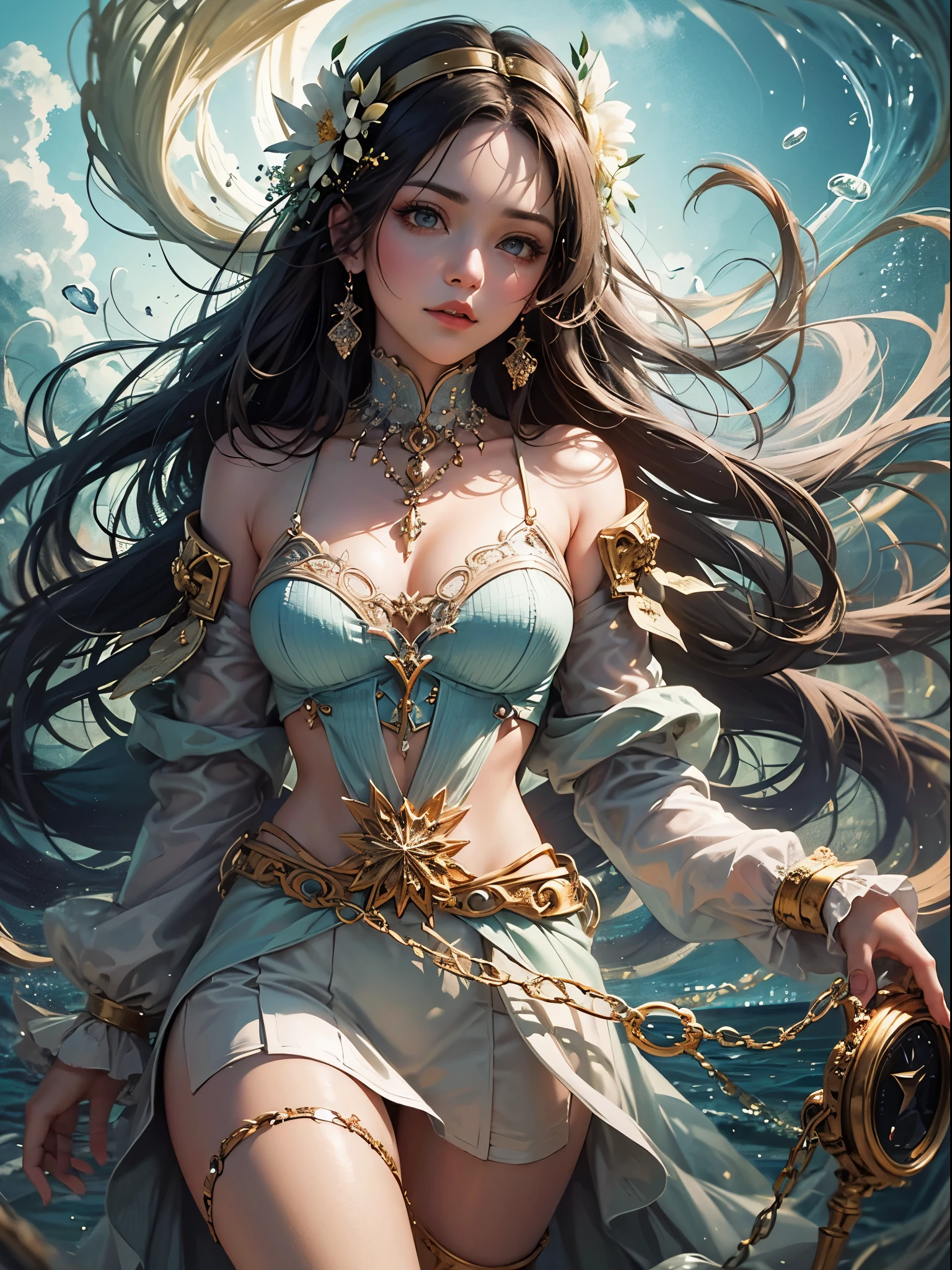 Layla (masterpiece), (highest quality), (super detailed),(messy hair),(figure), (1 girl), beautiful detailed eyes,delicate beautiful face,floating,(high color saturation),(colorful splashes),colorful bubble,(shining),focus on face, walk around town, g;It&#39;s a cage, Golden star, White sleeveless,