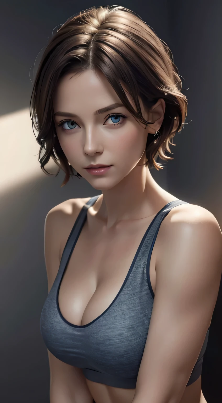 Looking at Viewer, Cinematic lighting, Perfect, softlight, High resolution skin:1.2, Realistic skin texture, 30 years old mature woman、a small face、no-makeup、off shoulders,Bust B Cup、 Exposed cleavage, Blue eyes, Short hair, dark brown  hair、leggins、Sportsbra、fullnude、Gray background