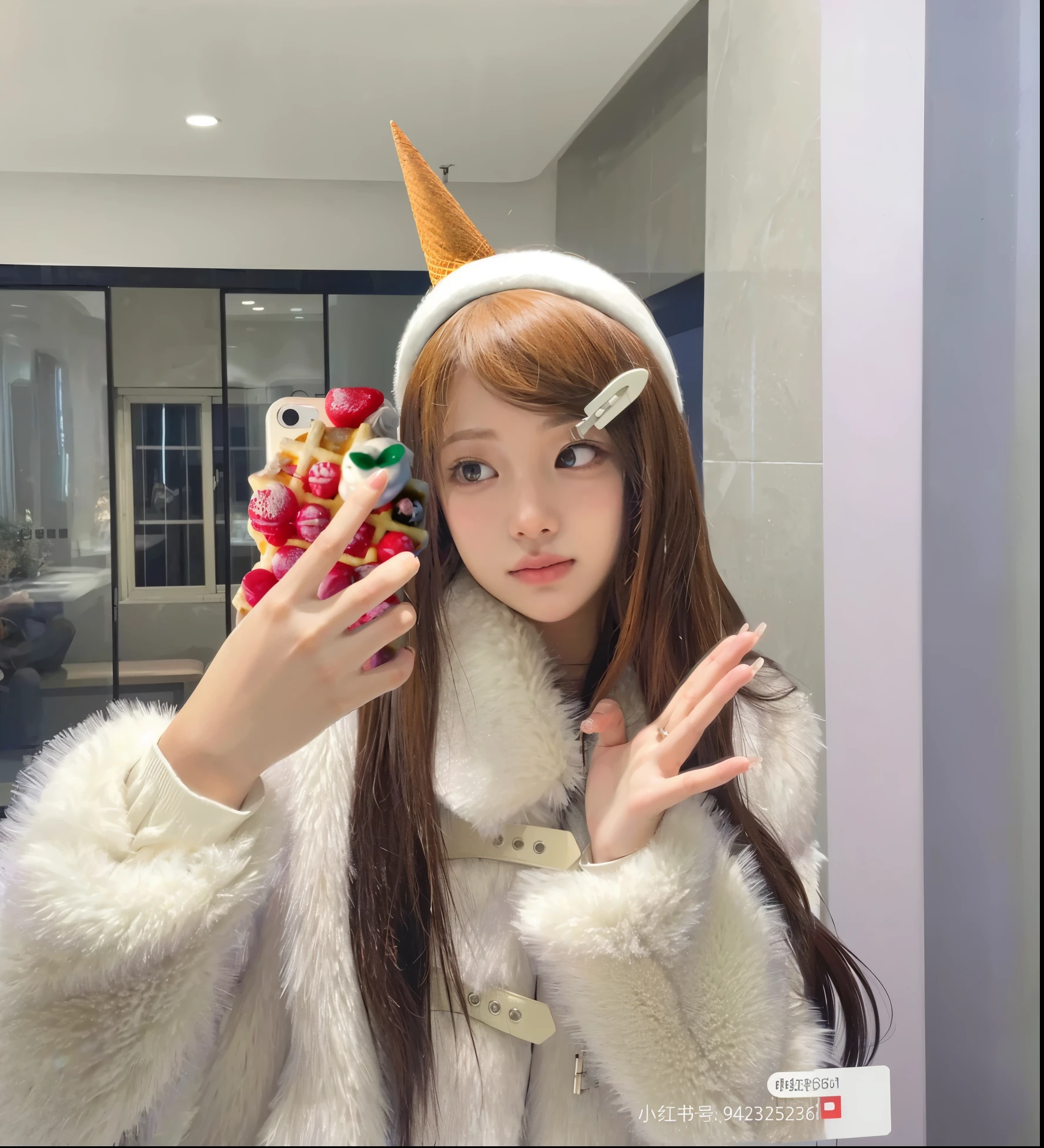 Asian person in a white winter coat holding a cell phone and holding an ice cream cone on his head., Cabello color miel, cabello miel, (best quality,ultra-detailed, highres,masterpie ce:1.2),portrait, Jimin,plump lips, Park Jimin-inspired aesthetic, swollen right eyelid of Jimin, Greek nose of Jimin
