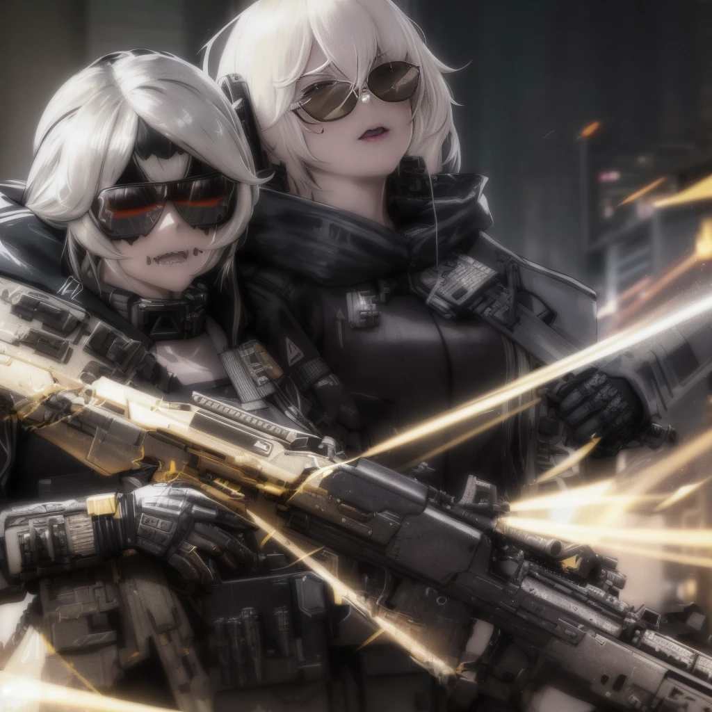 Two women with guns and sunglasses are standing next to each other, M4 Sopmod II Girls Frontline, badass anime 8 K, Unreal 5. rpg portrait, cyber steampunk 8 k 3 d, thancred waters in style of wlop, trending on artstation 4k, 8k high quality detailed art, 4k solarpunk wallpaper