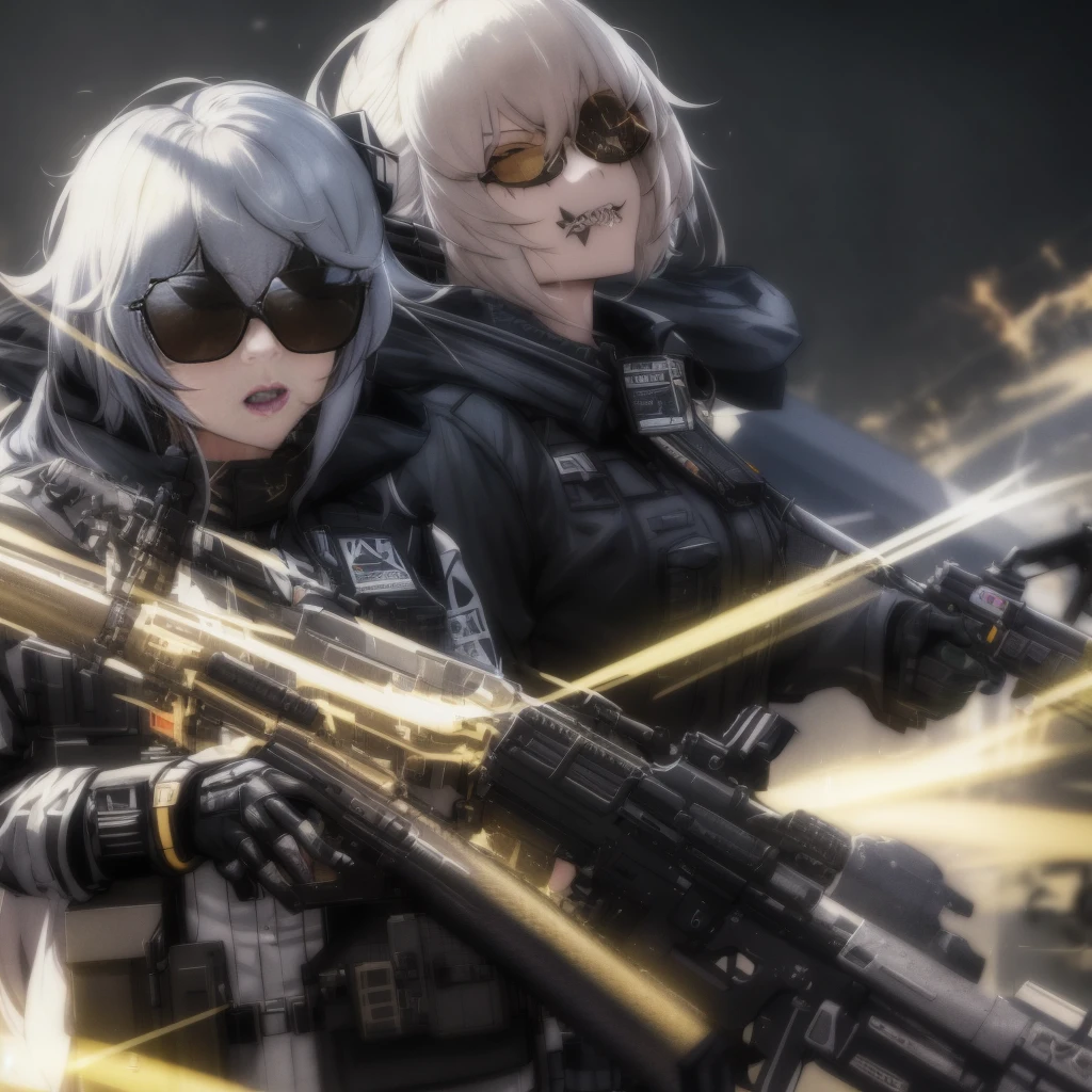 Two women with guns and sunglasses are standing next to each other, M4 Sopmod II Girls Frontline, badass anime 8 K, Unreal 5. rpg portrait, cyber steampunk 8 k 3 d, thancred waters in style of wlop, trending on artstation 4k, 8k high quality detailed art, 4k solarpunk wallpaper