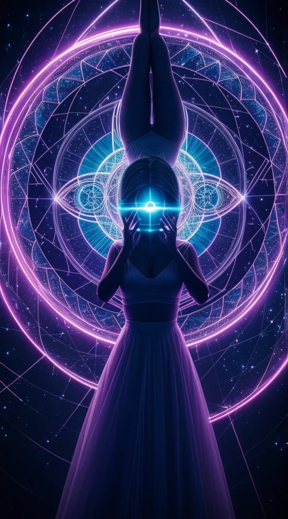 A female figure transcending dimensions, her form partly phasing into a luminous portal, surrounded by geometric patterns of light, her eyes aglow with the secrets of alternate realities.