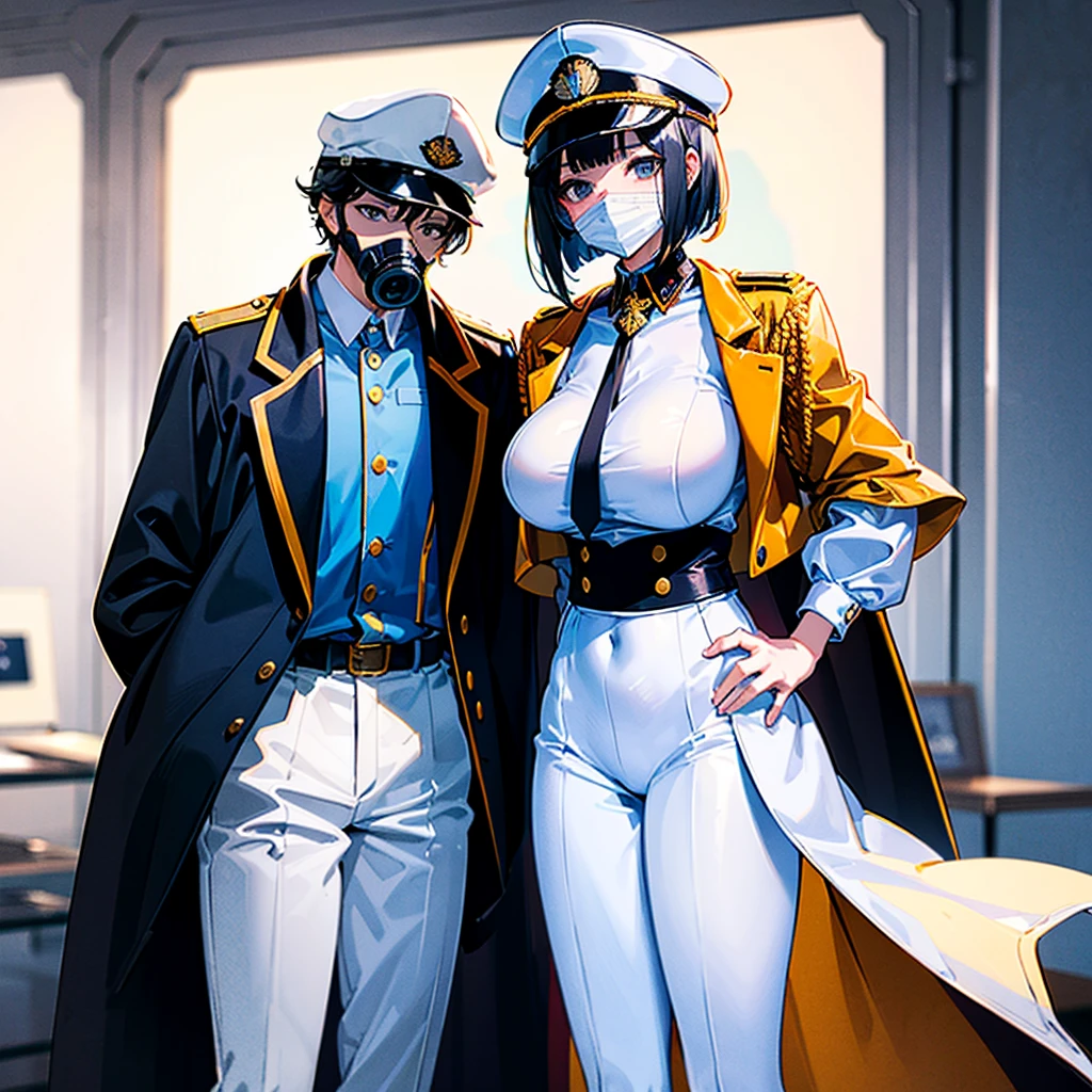 (((masterpiece)))、(((Top image quality)))、(((top-quality)))、(Illustration of one woman)、30-years old、(Viceroy)、Black hair bob cut、((Face covering gas mask))、Gray eyes、((Tall))、((huge tit))、((Military uniforms))、((Military Cap))、((Military coat))、(white clothes)、(White pants)、(White cap)、trench coat、((Inside the spaceship))