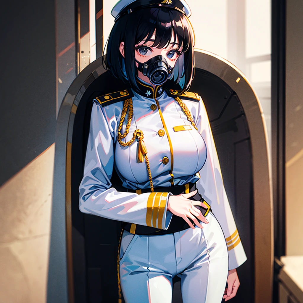 (((masterpiece)))、(((Top image quality)))、(((top-quality)))、(Illustration of one woman)、30-years old、(Viceroy)、Black hair bob cut、((Face covering gas mask))、Gray eyes、((Tall))、((huge tit))、((Military uniforms))、((Military Cap))、((Military coat))、(white clothes)、(White pants)、(White cap)、trench coat、((Inside the spaceship))