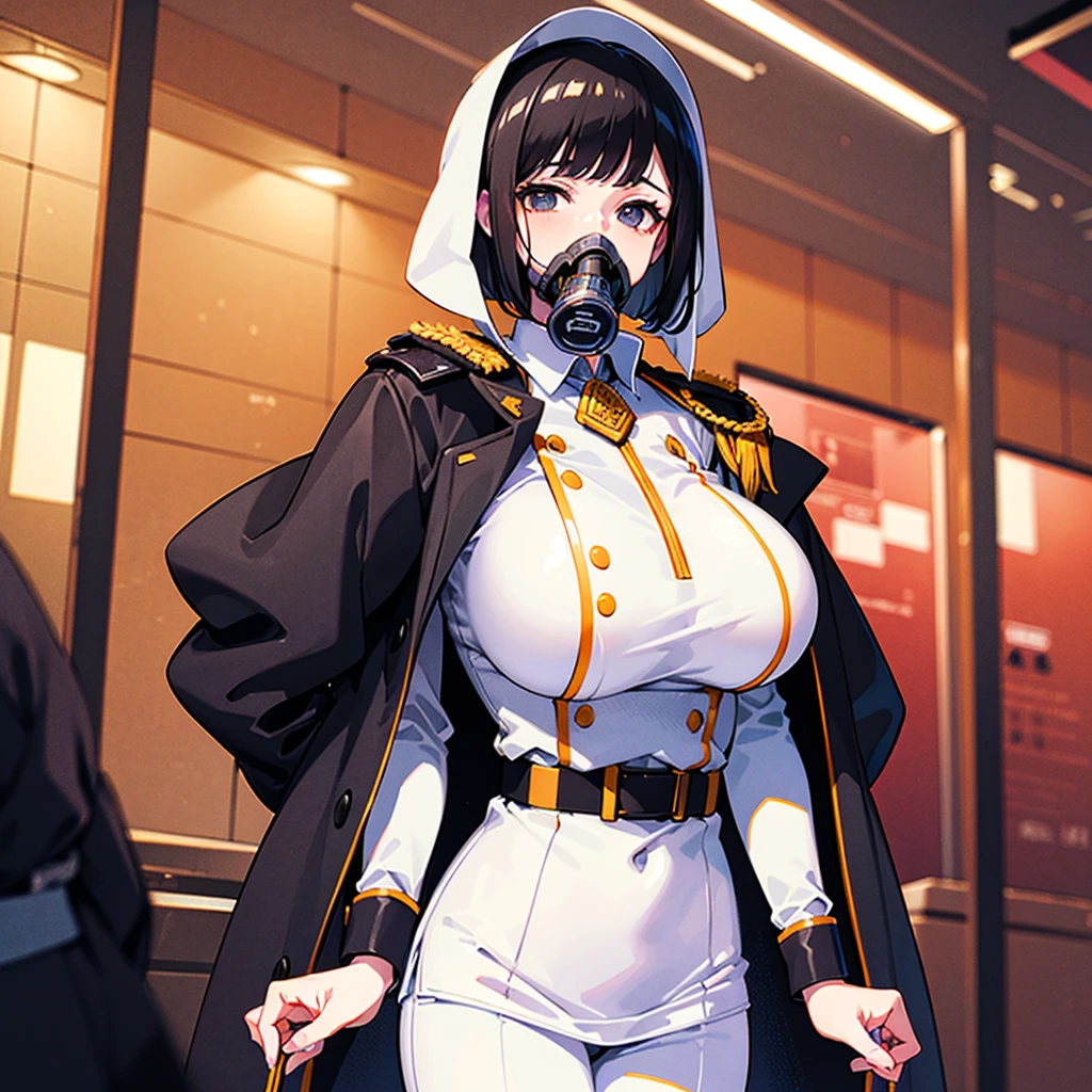 (((masterpiece)))、(((Top image quality)))、(((top-quality)))、(Illustration of one woman)、30-years old、(Viceroy)、Black hair bob cut、((Face covering gas mask))、Gray eyes、((Tall))、((huge tit))、((Military uniforms))、((Military Cap))、((Military coat))、(white clothes)、(White pants)、(White cap)、trench coat、((Inside the spaceship))