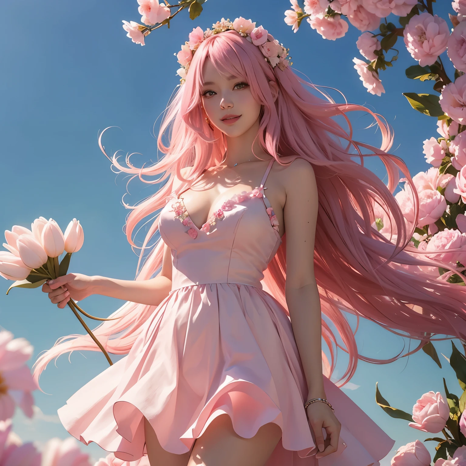 bit girl,with long coiled hair,A pink-haired,laughing heartily,borgar,afternoon sunlight,lot of flowers,run