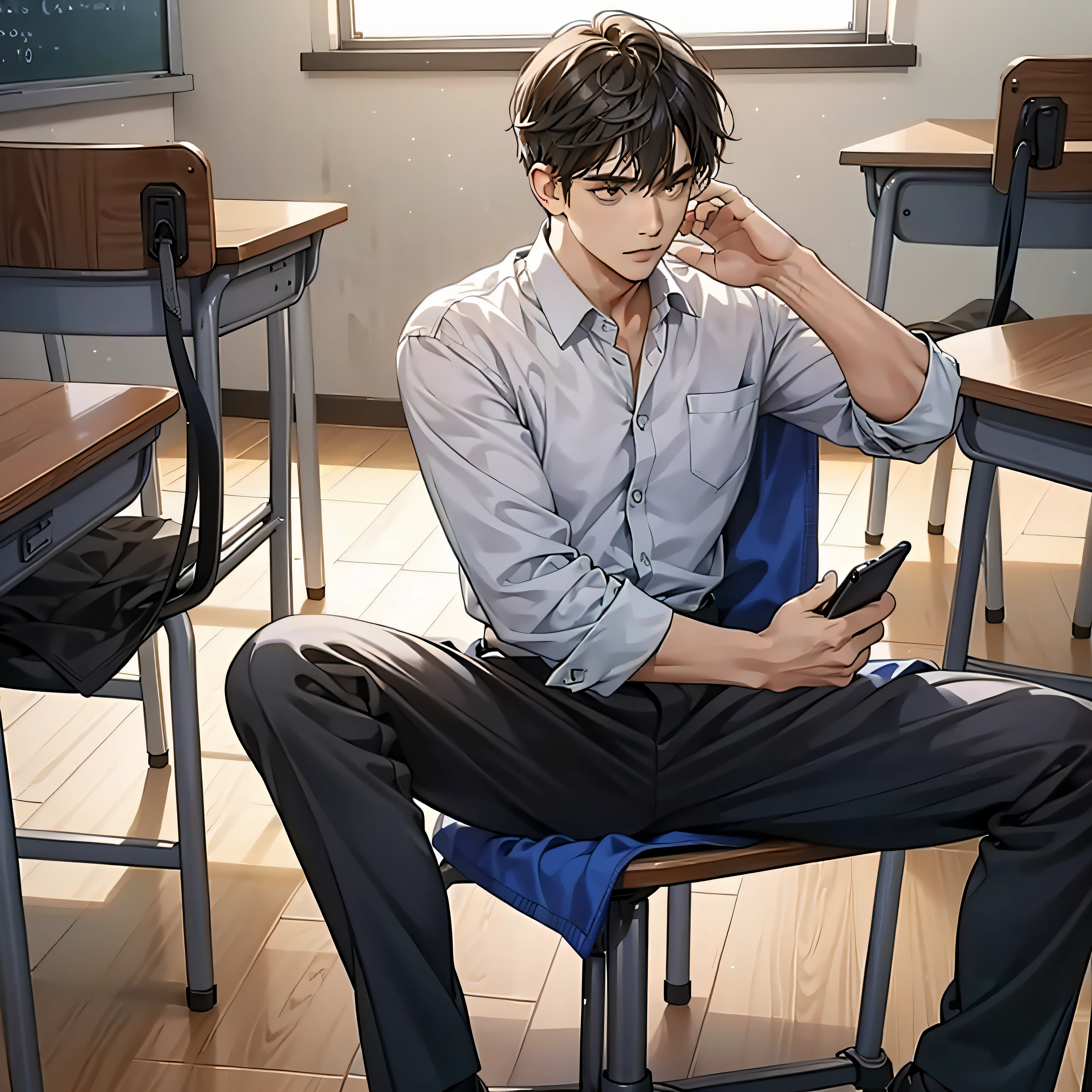 A man, looking at his phone, sitting in a classroom