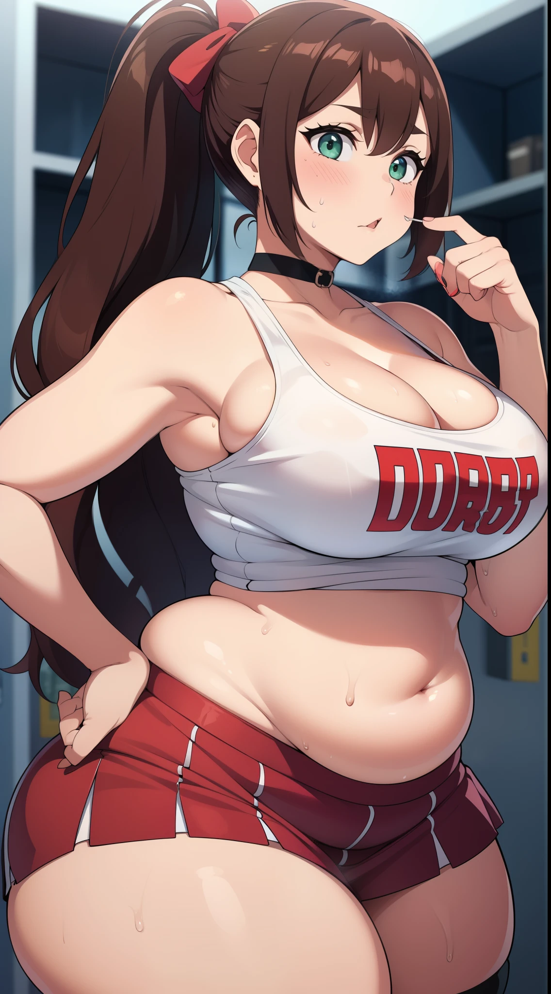 ((Masterpiece)), perfect anatomy, perfect shading, field of depth, (best quality), extremely delicate and beautiful, perfect lighting, detailed face, ultra cute face, cute, (cowboy shot 1.2), looking at viewer, full body, (((1girl))), (((solo))), cheerleader

 long hair, fluffy hair, ponytail, brown hair, green eyes, ((blush))), embarrassed, worried, (cheerleader uniform), (white tank top 1.2), (short section red skirt 1.2), thigh highs, chocker, extremely tight clothes, large breasts, cleavage, perky breasts, (((wide hips))), ((thick thighs)), ((big butt)), ((plump)), chubby belly, fat rolls, belly hang, she has a jiggly belly,

 Locker room, intricate background, detailed background, sweaty, out of breath, hands on hip