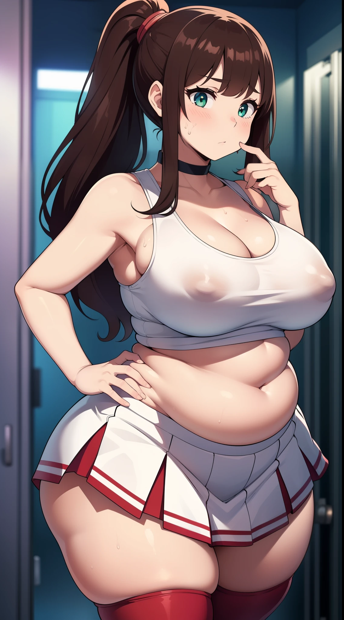 ((Masterpiece)), perfect anatomy, perfect shading, field of depth, (best quality), extremely delicate and beautiful, perfect lighting, detailed face, ultra cute face, cute, (cowboy shot 1.2), looking at viewer, full body, (((1girl))), (((solo))), cheerleader
long hair, fluffy hair, ponytail, brown hair, green eyes, ((blush))), embarrassed, worried, (cheerleader uniform), (white tank top 1.2), (short section red skirt 1.2), thigh highs, chocker, extremely tight clothes, large breasts, cleavage, perky breasts, (((wide hips))), ((thick thighs)), ((big butt)), ((plump)), chubby belly, fat rolls, belly hang, she has a jiggly belly,
Locker room, intricate background, detailed background, sweaty, out of breath, hands on hip