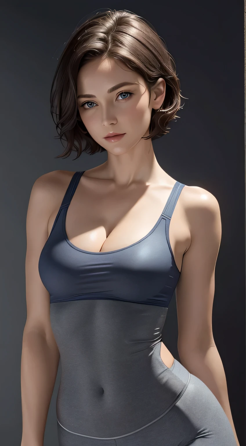 Looking at Viewer, Cinematic lighting, Perfect, softlight, High resolution skin:1.2, Realistic skin texture, 30 years old mature woman、a small face、no-makeup、off shoulders,Bust B Cup、 Exposed cleavage, Blue eyes, Short hair, dark brown  hair、leggins、Sportsbra、fullnude、Gray background