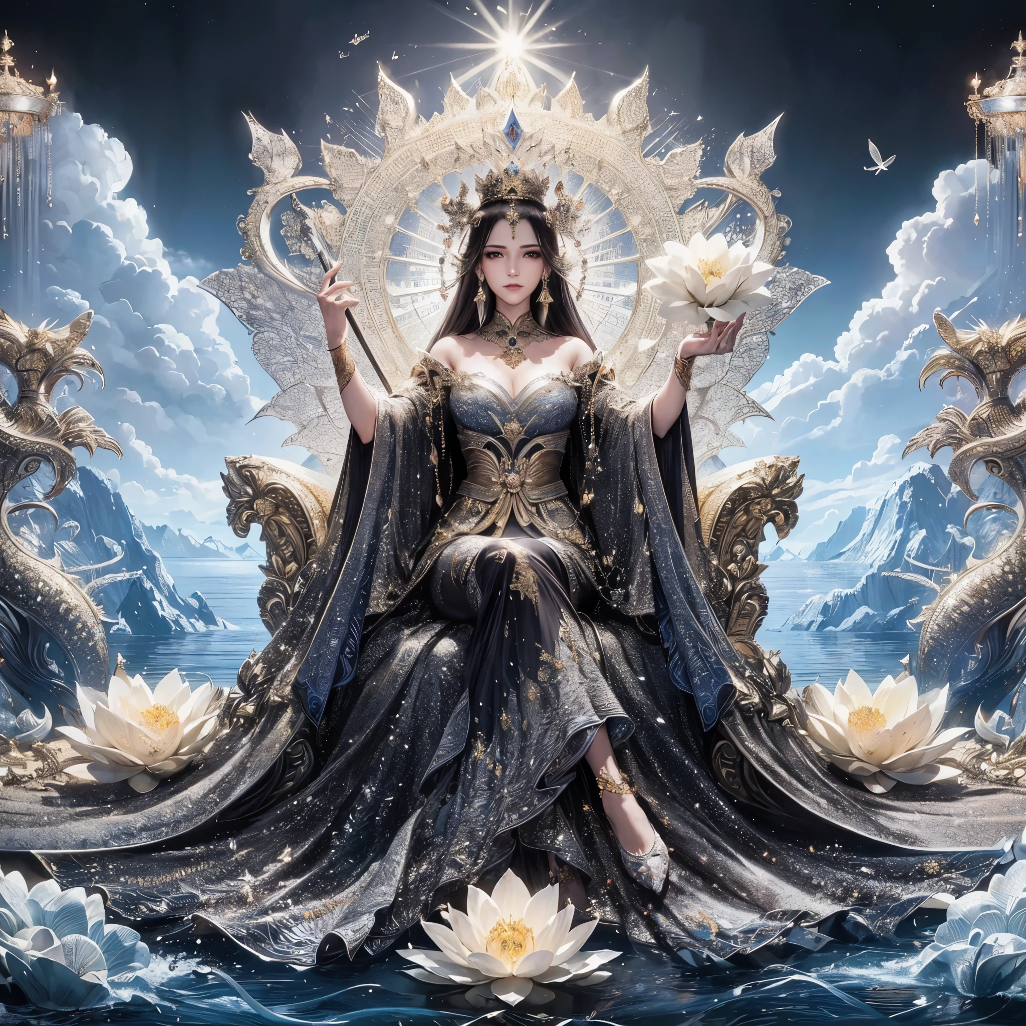 a woman sitting on a throne with a lotus flower in her hand, a beautiful fantasy empress, ((a beautiful fantasy empress)), gilded lotus princess, queen of the sea mu yanling, goddess. extremely high detail, a stunning portrait of a goddess, celestial goddess, extremely detailed goddess shot, 3 d goddess portrait, portrait of a beautiful goddess, sitting on intricate throne, masterpiece, best quality:1.2),,(8k,highres,RAW photo,realistic,photo-realistic:1.3),(detailed skin texture,detailed cloth texture,beautiful detailed face:1.25),professional lighting,photon mapping,beautiful soft light,radiosity,physically-based rendering,raytracing, model shoot style, model shoot style, (extremely detailed CG unity 8k wallpaper), full shot body photo of the most beautiful artwork in the world,