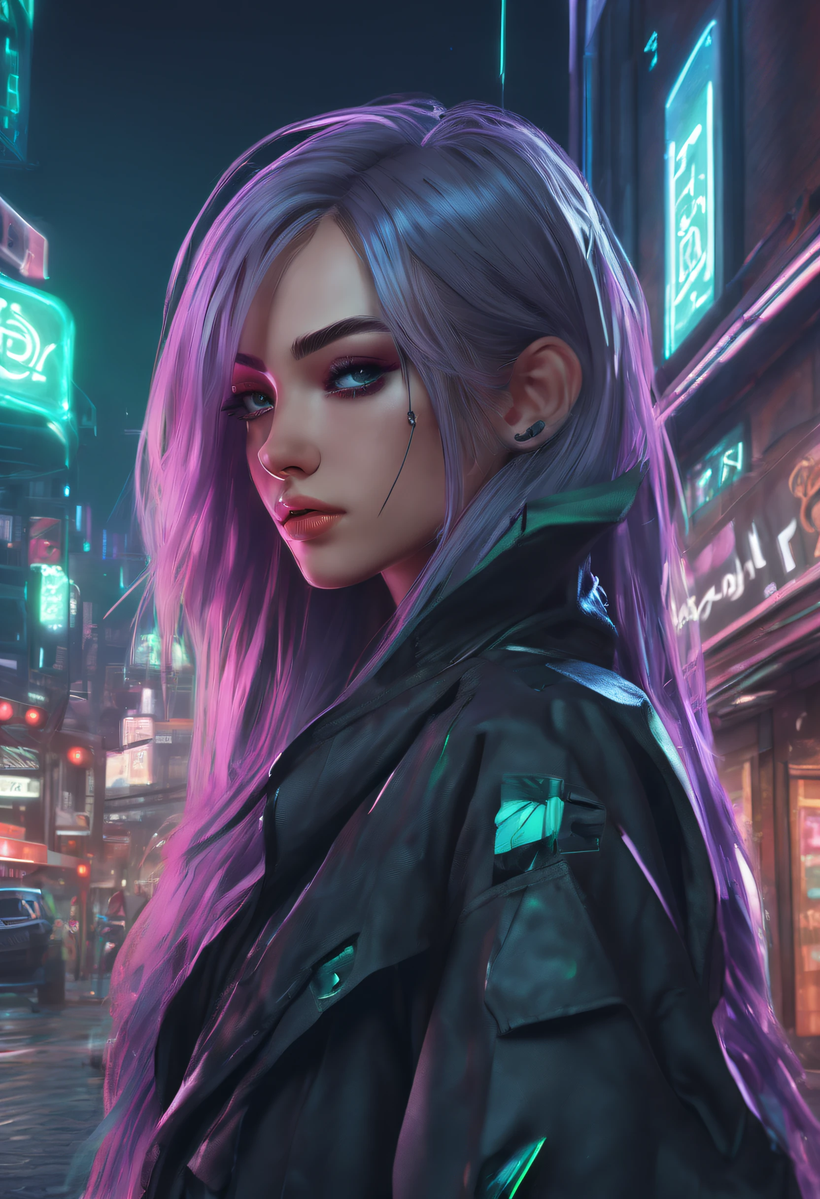 1girll, Cyberpunk Style, neonlight (Green:0.9) The letter N made of broken glass on Cyberpunk Street, Beautiful, Cyberpunk girl standing on the street, Cute cyberpunk girl, Beautiful eyes, 4K eyes, Beautiful face, full bodyesbian, Large breasts, Long (purple:0.8) Hair, Normal eyes, high resolution, elegant, Artistic, Creative, Detailed, 8K, Expressive, intricately details, Masterpiece
