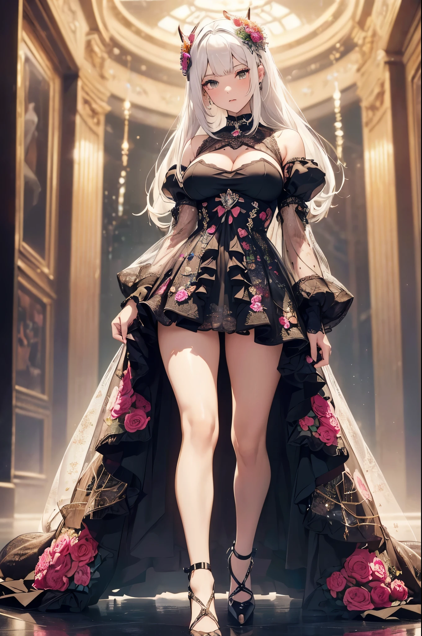 (top quality, masterpiece,best quality:1.2, high_resolution:1.2,ultra details:1.2,extreme quality,sharp focus,highres, soft lighting,best quality,hyper detailed), (1girl, solo, white hair, short layers hair, heavy makeup, blush:1.2, grunge style, (big breasts:1.2), looking at viewer), (pornographic, (short dress composed of mecha and colorful crystals,lace,round floral framed,decorated with complex patternreasts out:1.2, Thick thighs, nsfw:1), (full body:1.2, ((front view))), (standing, interior mecha, hell hound), (beautiful light, bokeh:1.2)