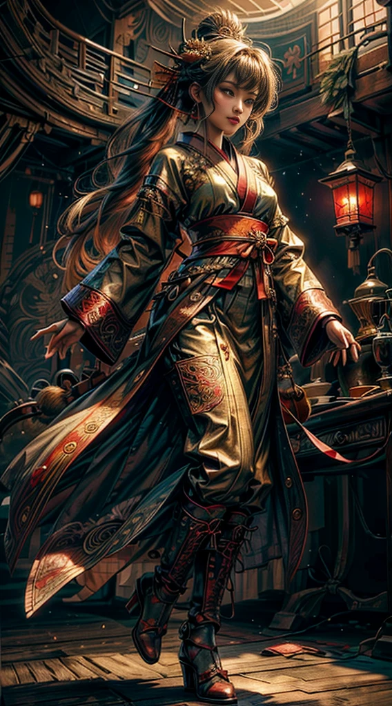 A girl in traditional Japanese clothing, wearing a beautiful kimono, with intricate patterns and vibrant colors. She has delicate features and graceful movements that capture the essence of Japanese culture. Her eyes are bright and full of curiosity, reflecting the rich heritage of her ancestors. Her lips are adorned with a hint of a smile, radiating warmth and kindness. In the background, a majestic dragon soars through the air, its scales shimmering in shades of deep red and gold. The dragon's mighty wings unfurl, casting a shadow on the girl and the surrounding landscape. Its presence symbolizes power, wisdom, and protection. The vibrant flames of a fire dance to the rhythm of the wind, creating a mesmerizing display of light and heat. The flames flicker and swirl, casting a warm glow on the girl's face and illuminating the intricate details of her kimono. The fire represents the passion and resilience of the Japanese people, burning bright even in the face of adversity. The artwork is created using a medium of traditional Japanese painting techniques, blending the precision of brushstrokes with the depth and richness of colors. It captures the essence of Japanese culture, highlighting the beauty of its traditions and the strength of its spirit. With (best quality, 4k, highres, masterpiece:1.2), every detail is rendered with ultra-detailed precision. The image is brought to life with realistic textures and vivid colors, immersing the viewer in the enchanting world of Japanese culture. The overall color palette is a harmonious blend of vibrant reds, deep golds, and subtle hints of cool blues and greens. This color scheme adds depth and dimension to the artwork, enhancing the visual impact and bringing out the beauty of the Japanese cultural elements. The lighting is soft and warm, mimicking the gentle glow of lanterns that dot the Japanese landscape. It casts subtle shadows, adding depth and dimension to the scene. The interplay of light and shadow enhances