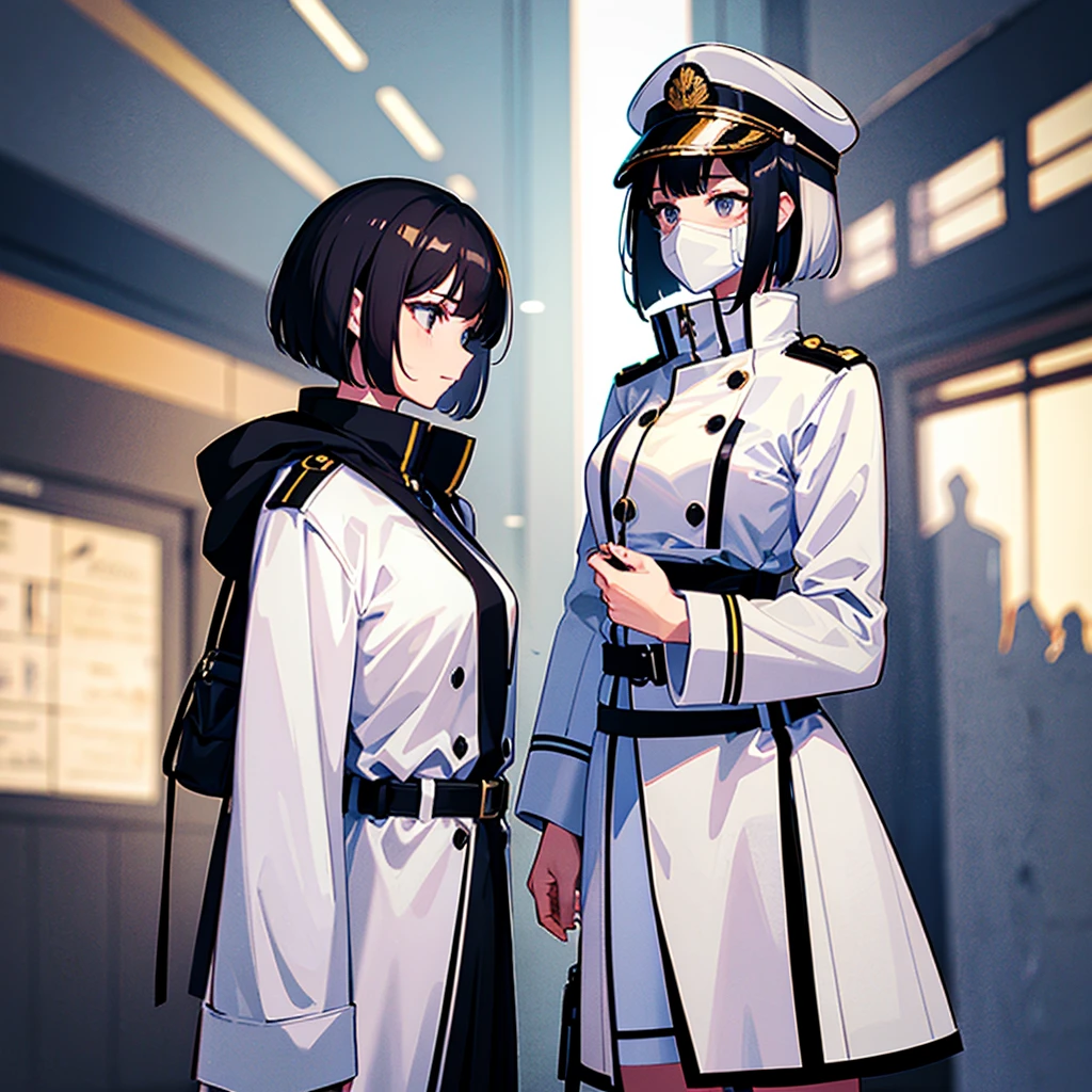 （（（​masterpiece）））、（（（Top image quality）））、（（（top-quality）））、（Illustration of one woman）、30-years old、（Viceroy）、Black hair bob cut、（（Face covering gas mask））、Gray eyes、（（Tall））、（（huge tit））、（（Military uniforms））、（（Military Cap））、（（Military coat））、（white  clothes）、（White pants）、（White cap）、trench coat、（（Inside the spaceship））