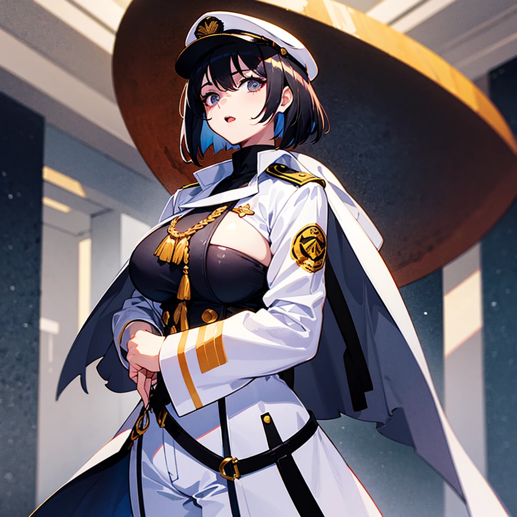 (((masterpiece)))、(((Top image quality)))、(((top-quality)))、(Illustration of one woman)、30-years old、(Viceroy)、Black hair bob cut、((Face covering gas mask))、Gray eyes、((Tall))、((huge tit))、((Military uniforms))、((Military Cap))、((Military coat))、(white clothes)、(White pants)、(White cap)、trench coat、((Inside the spaceship))