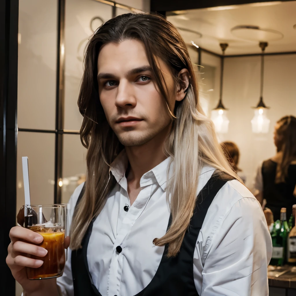 Vampir, barmann , white long hair, Black apron, glas in der hand, large, white shirt ,green eyes, hintergrund dunkle bar , masculine