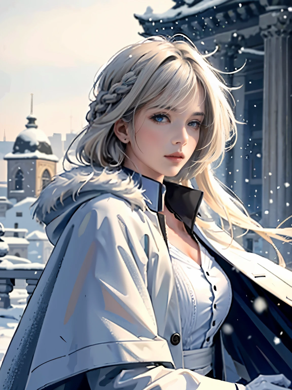 (highest resolution, distinct_image) Best quality, single person, one girl, solo, masterpiece, highly detailed, realistic, long hair, braided white blond hair, banglue military uniform underneath coat), depth of field, outdoor background, falling snow, ((big breasts)), authoritative, dignified, calm and powerful expression, ambient lighting, exquisite facial features, fur trimmed white coat, open coat, looking at viewer, head to waist, in a terrace of a monumental building, (((front bangs))), dynamic angle, from front