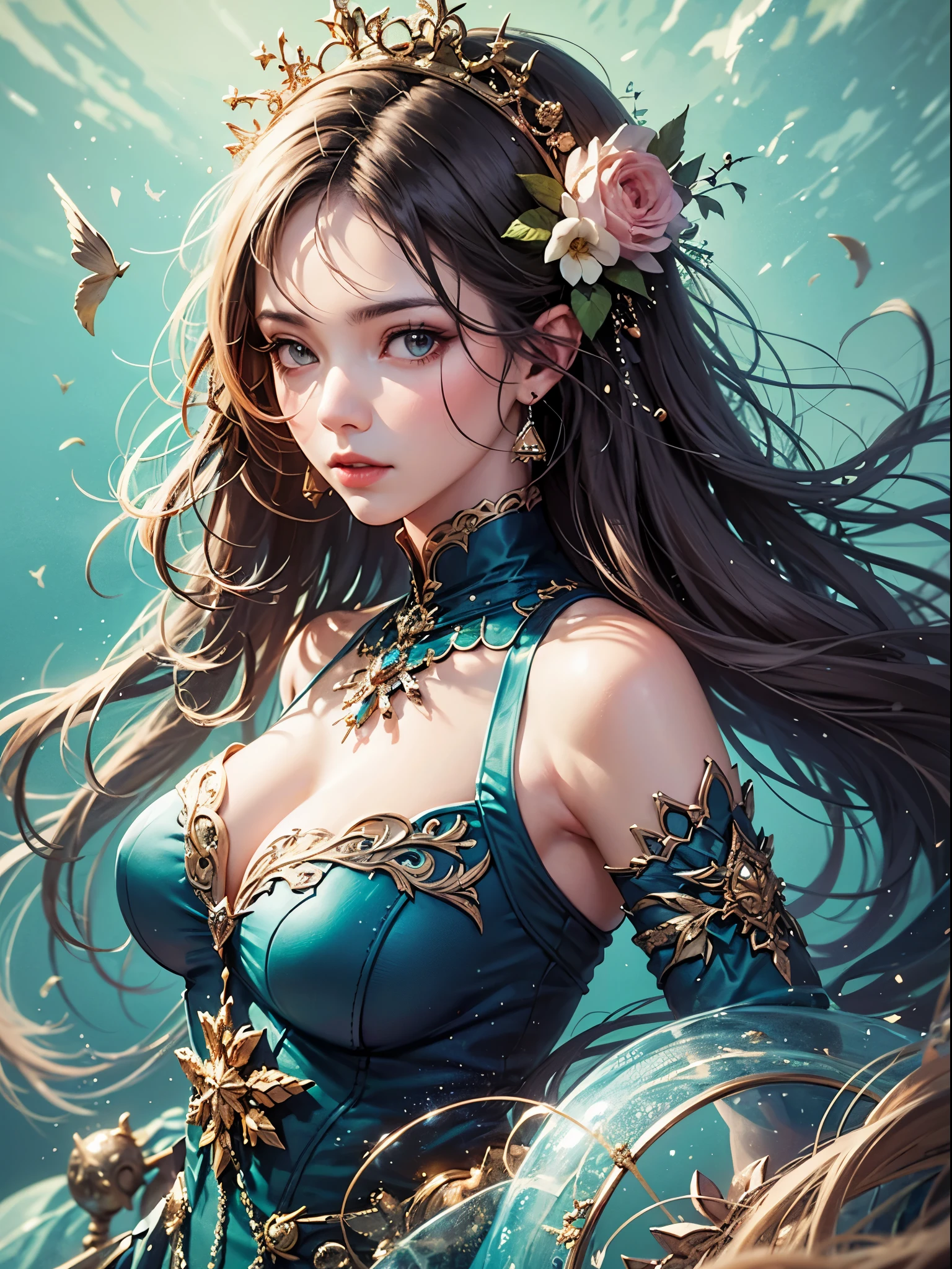 art, Unity 8k壁纸, Ultra-detailed, Beautiful and aesthetically pleasing, (s fractal art: 1.3),  flower, girls, (Hairstyles: Long hair) Ocean, Extremely detailed, Cowboy shot, The most beautiful, Seafoam, Buble, cute big breasts, ultra quality, random background, random dress, --auto --s2