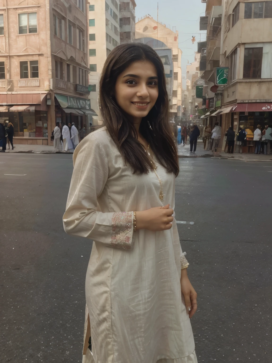 ((best quality)), ((masterpiece)), (detailed), perfect face Pakistani Muslim adult girl with full of confidence aspects, smiling and standing in a busy road, near a jewel shop
