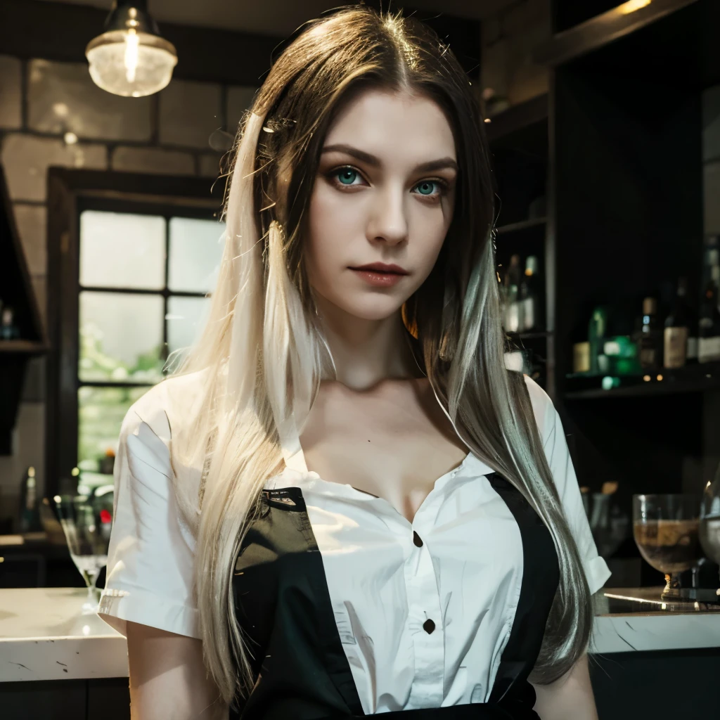 Vampir, barmann , white long hair, Black apron, glas in der hand, large, white shirt ,green eyes, hintergrund dunkle bar