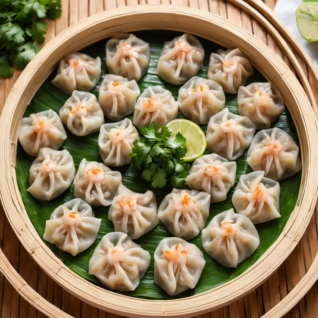 (a delicious plate of) steamed dumplings, (authentic Chinese cuisine:1.1), (plump and juicy fillings), (thin and tender dumpling skin), (meticulously handcrafted), (succulent pork and shrimp), (perfectly balanced flavors), (mouthwatering aroma), (beautifully garnished with fresh cilantro), (steaming hot on a bamboo steamer), (carefully arranged in a traditional pattern), (vibrant colors), (highly appetizing presentation), (best quality, 4k, highres:1.2), (realistic,photorealistic:1.37)