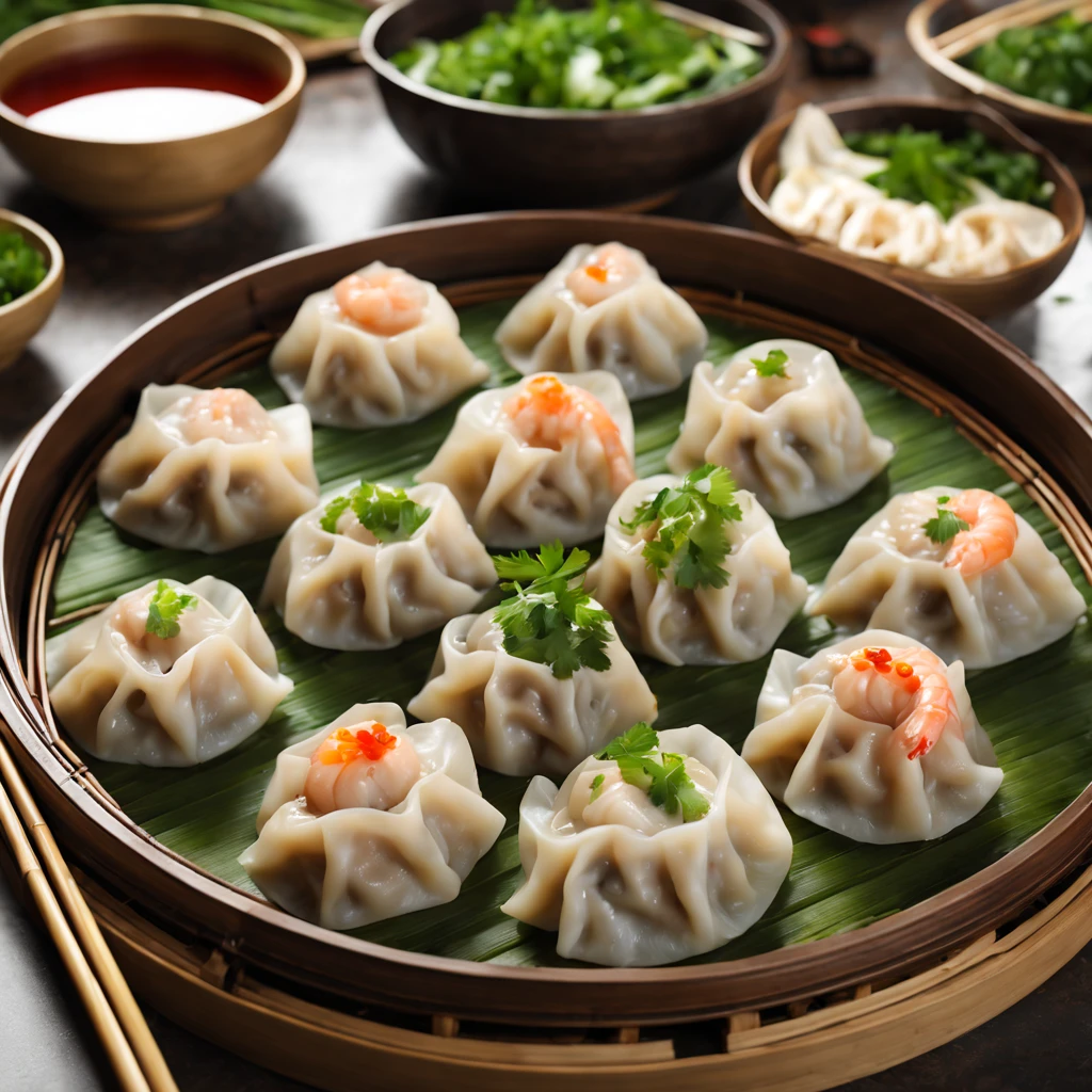 (a delicious plate of) steamed dumplings, (authentic Chinese cuisine:1.1), (plump and juicy fillings), (thin and tender dumpling skin), (meticulously handcrafted), (succulent pork and shrimp), (perfectly balanced flavors), (mouthwatering aroma), (beautifully garnished with fresh cilantro), (steaming hot on a bamboo steamer), (carefully arranged in a traditional pattern), (vibrant colors), (highly appetizing presentation), (best quality, 4k, highres:1.2), (realistic,photorealistic:1.37)