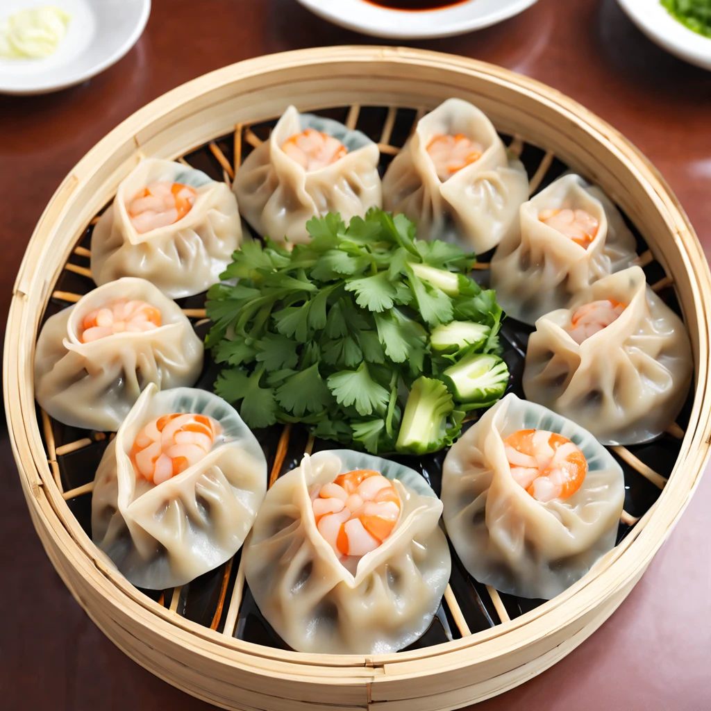 (a delicious plate of) steamed dumplings, (authentic Chinese cuisine:1.1), (plump and juicy fillings), (thin and tender dumpling skin), (meticulously handcrafted), (succulent pork and shrimp), (perfectly balanced flavors), (mouthwatering aroma), (beautifully garnished with fresh cilantro), (steaming hot on a bamboo steamer), (carefully arranged in a traditional pattern), (vibrant colors), (highly appetizing presentation), (best quality, 4k, highres:1.2), (realistic,photorealistic:1.37)