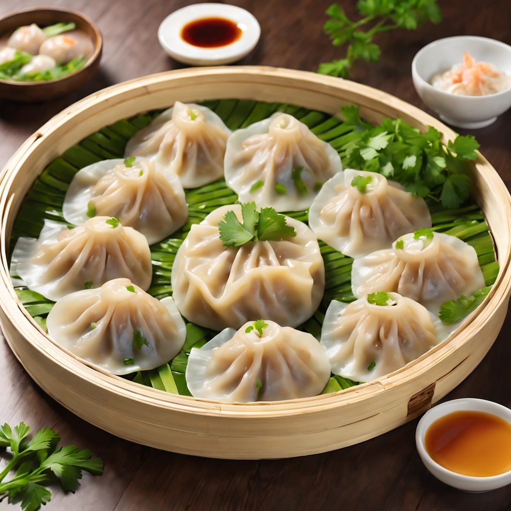 (a delicious plate of) steamed dumplings, (authentic Chinese cuisine:1.1), (plump and juicy fillings), (thin and tender dumpling skin), (meticulously handcrafted), (succulent pork and shrimp), (perfectly balanced flavors), (mouthwatering aroma), (beautifully garnished with fresh cilantro), (steaming hot on a bamboo steamer), (carefully arranged in a traditional pattern), (vibrant colors), (highly appetizing presentation), (best quality, 4k, highres:1.2), (realistic,photorealistic:1.37)