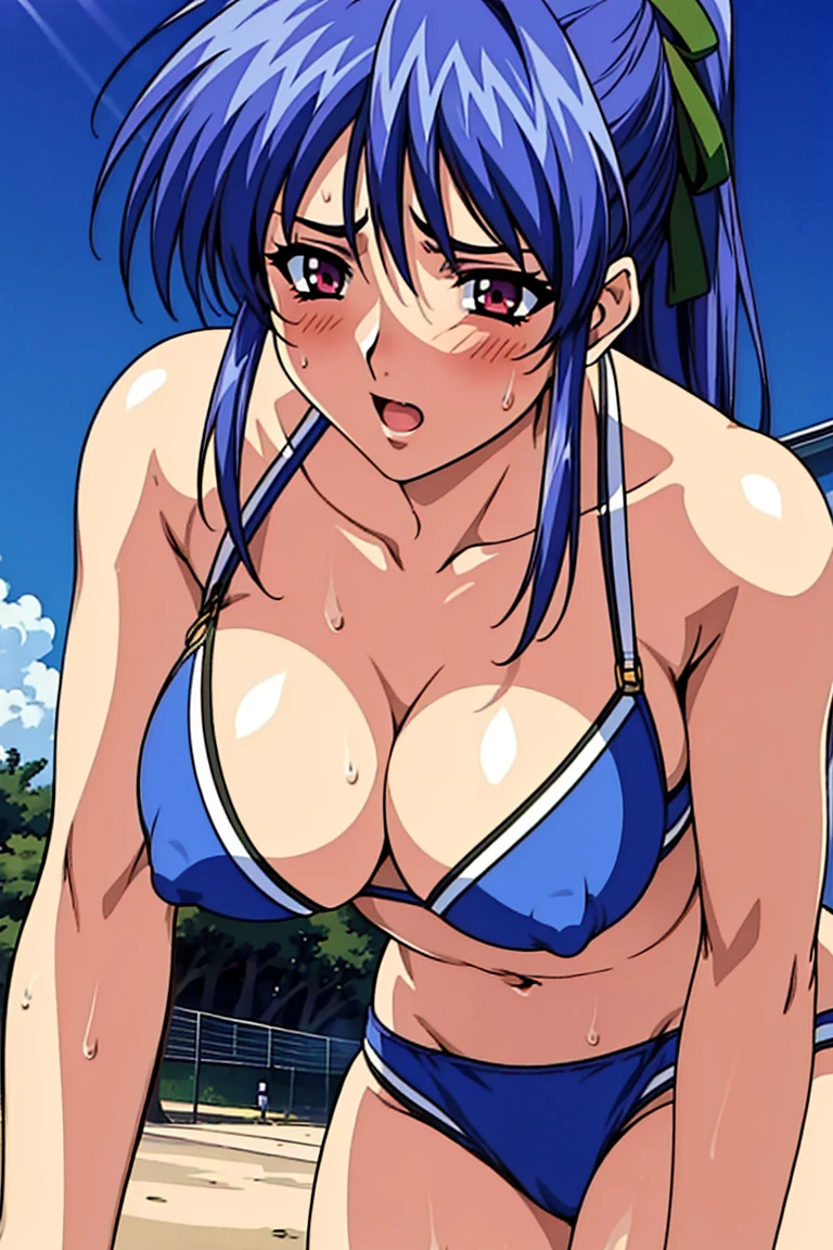 top-quality、lighting like a movie、 Girl's、beach volleyball costume、beach、full of sweat、embarrassed from、Overexposed、The bikini、all-fours、Exposure、pink nipple