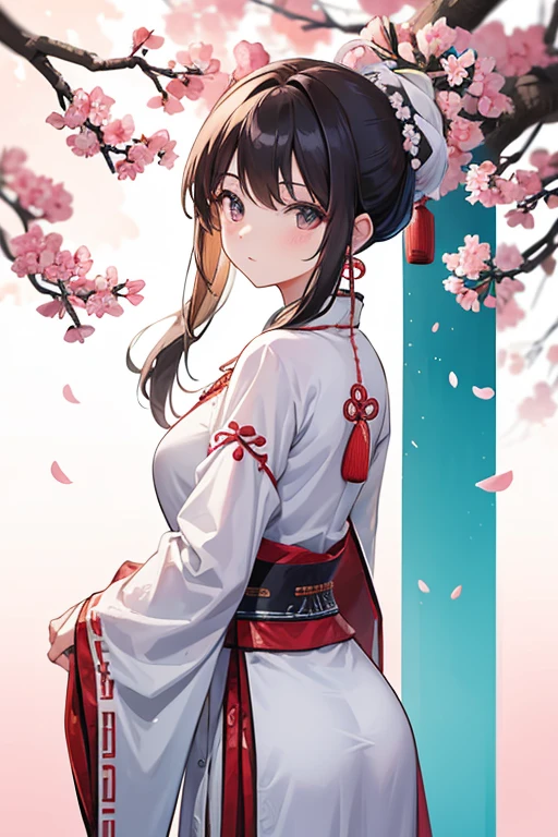 Portrait of a young woman in ancient Chinese clothing Standing with your back looking forward under the cherry blossom tree.