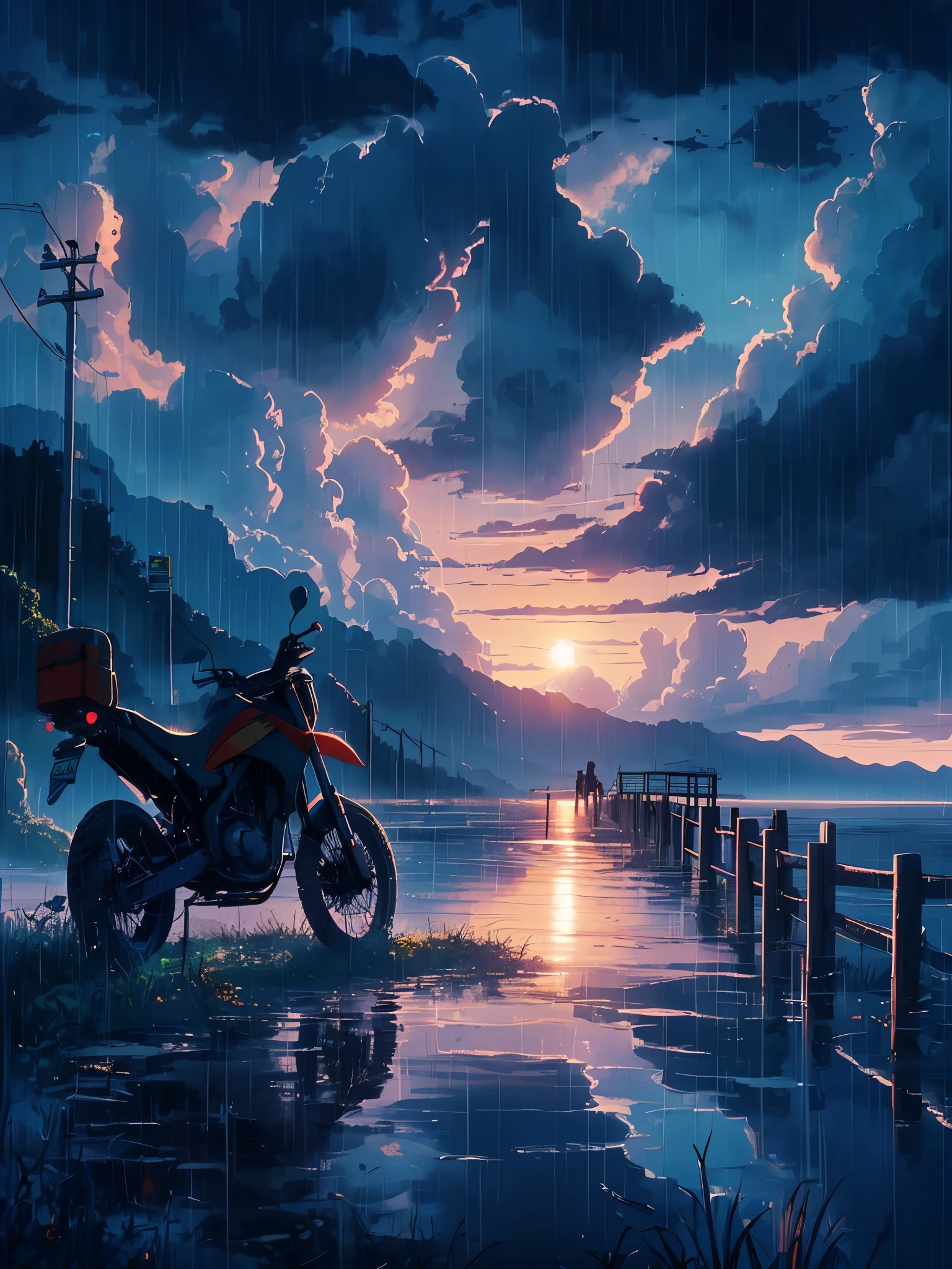 Draw anime 16mm scene of dirt motorbike parked on footbrigdge above lake, raining, dramatic environment, dark evening, cloudy wide open sky, ambient dim light, vibrant colors, peaceful, natural color tones, cloudy sky, beautiful color palette, vibrant saturated colors, masterpiece, no human