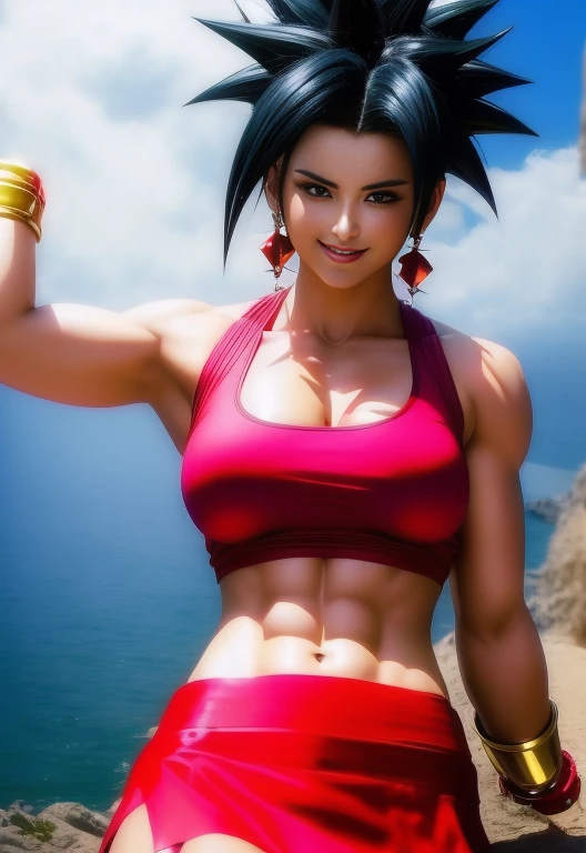 Kefla, 1girl, solo, red skirt, bike shorts, red shirt, black hair, smile, spiked hair, muscular female,, (acclaimed, alluring, captivating, exciting, gorgeous, striking:1.3), (trending on CGSociety, trending on pixiv, contest winner:1.3)