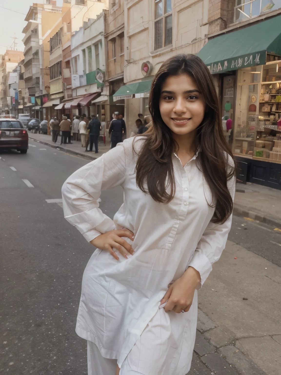 ((best quality)), ((masterpiece)), (detailed), perfect face Pakistani Muslim adult girl with full of confidence aspects, smiling and standing in a busy road, near a jewel shop