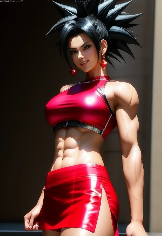 Kefla, 1girl, solo, red skirt, bike shorts, red shirt, black hair, smile, spiked hair, muscular female,, (acclaimed, alluring, captivating, exciting, gorgeous, striking:1.3), (trending on CGSociety, trending on pixiv, contest winner:1.3)