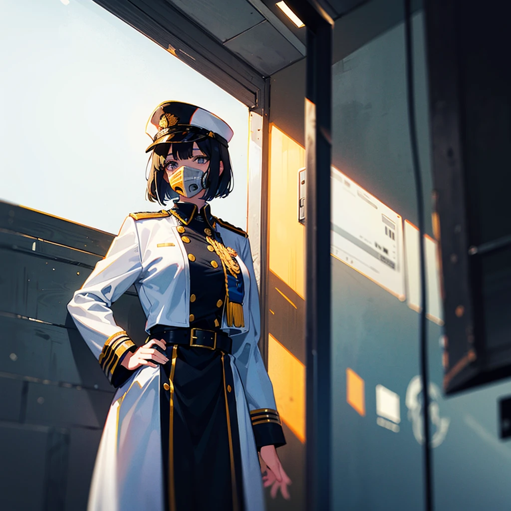 (((masterpiece)))、(((Top image quality)))、(((top-quality)))、(Illustration of one woman)、30-years old、(Viceroy)、Black hair bob cut、((Face covering gas mask))、Gray eyes、((Tall))、((huge tit))、((Military uniforms))、((Military Cap))、((Military coat))、(white clothes)、(White pants)、(White cap)、trench coat、((Inside the spaceship))