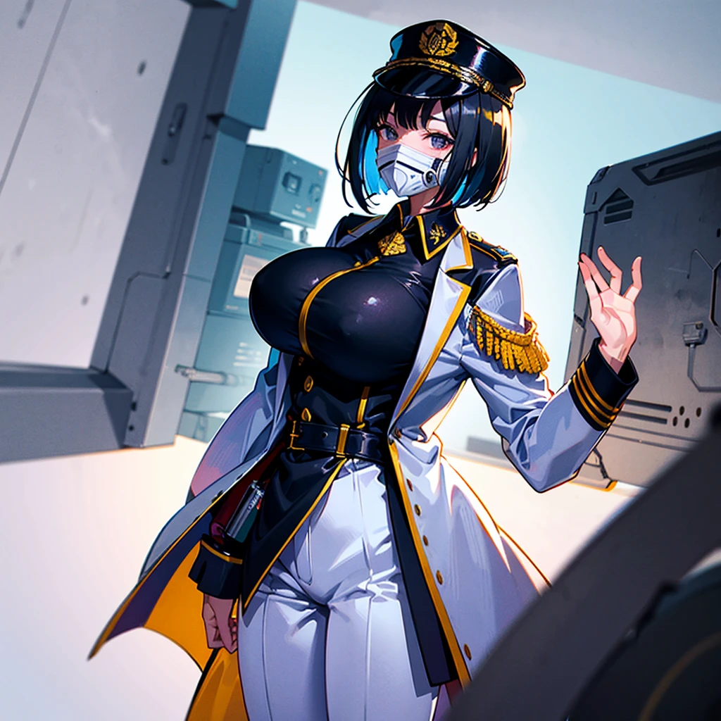 (((masterpiece)))、(((Top image quality)))、(((top-quality)))、(Illustration of one woman)、30-years old、(Viceroy)、Black hair bob cut、((Face covering gas mask))、Gray eyes、((Tall))、((huge tit))、((Military uniforms))、((Military Cap))、((Military coat))、(white clothes)、(White pants)、(White cap)、trench coat、((Inside the spaceship))