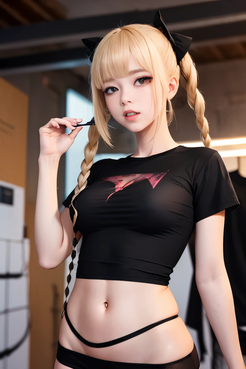 optimum，tmasterpiece，hight resolution，best qualtiy，hyper HD，super detailing，awardwinning，16 K，独奏，（The upper part of the body），anatomy correct，Beautiful cyberpunk girl，cowboy  shot、cute  face，，a blond、Longhaire、Twin-tailed、Braids, Hairline，（（scarlet eyes）），long eyelasher，Hanging eye corners，White skin of the，Shooting from below, ((a black T-shirt:1.5)), ((Sheer nipples))、Rocket Tits, （Slim body），