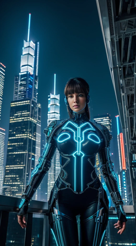 A cybernetically enhanced female figure, adorned in a sleek bodysuit interwoven with pulsating neon circuitry, standing against a backdrop of towering skyscrapers made of intricate, ever-shifting fractal patterns, each building emitting a distinct glow.